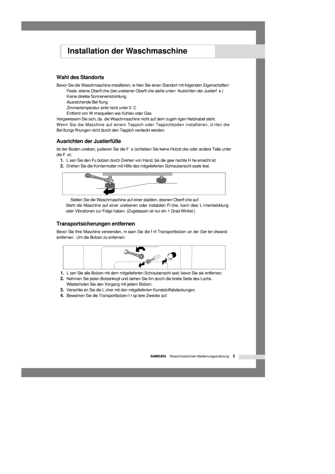 Samsung P1401GW1/XEG, P1201GW/XEG manual Wahl des Standorts, Ausrichten der Justierfüße, Transportsicherungen entfernen 