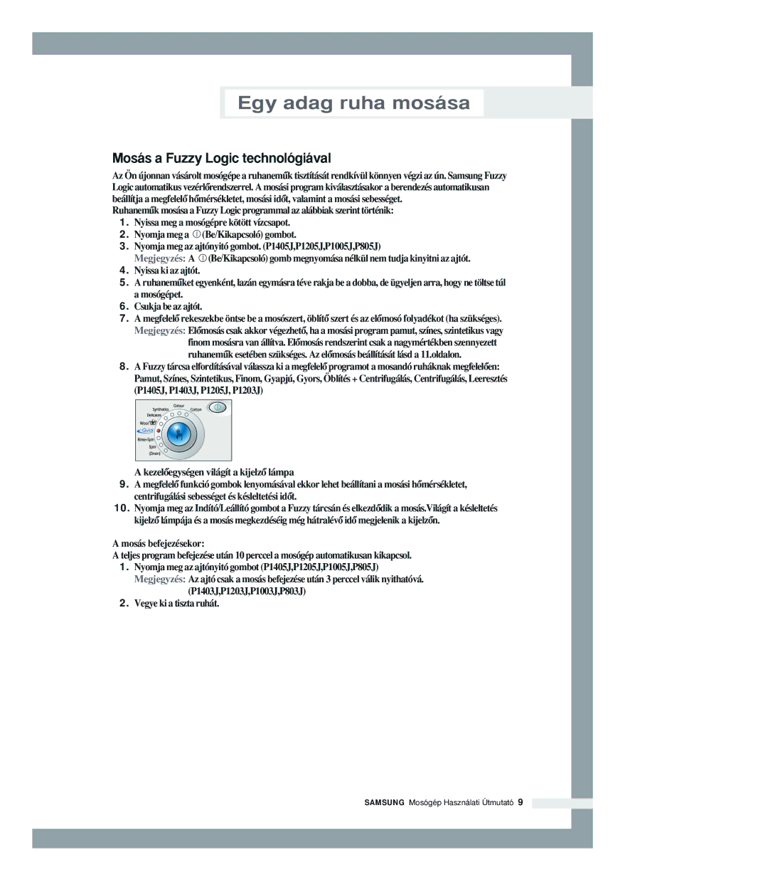Samsung P1205JGW/XEH manual Mosás a Fuzzy Logic technológiával, P1403J,P1203J,P1003J,P803J Vegye ki a tiszta ruhát 