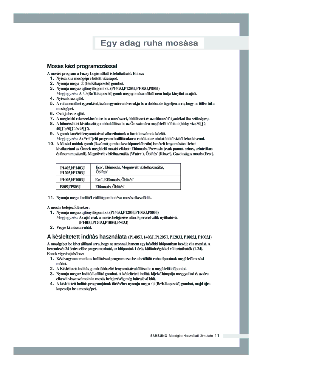 Samsung P1205JGW/XEH manual Mosás kézi programozással 