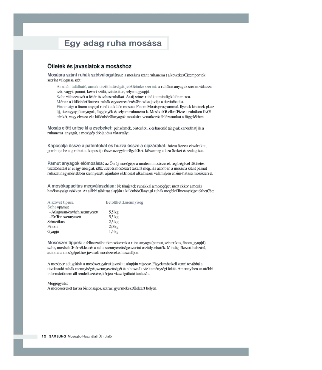 Samsung P1205JGW/XEH manual Ötletek és javaslatok a mosáshoz, ErŒsen szennyezett Szintetikus Finom Gyapjú 