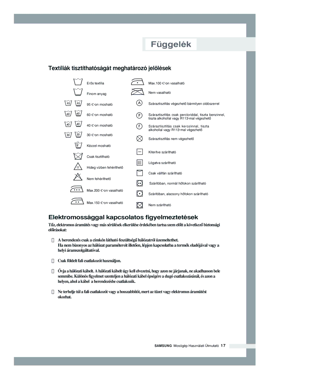 Samsung P1205JGW/XEH manual Függelék, Textíliák tisztíthatóságát meghatározó jelölések 