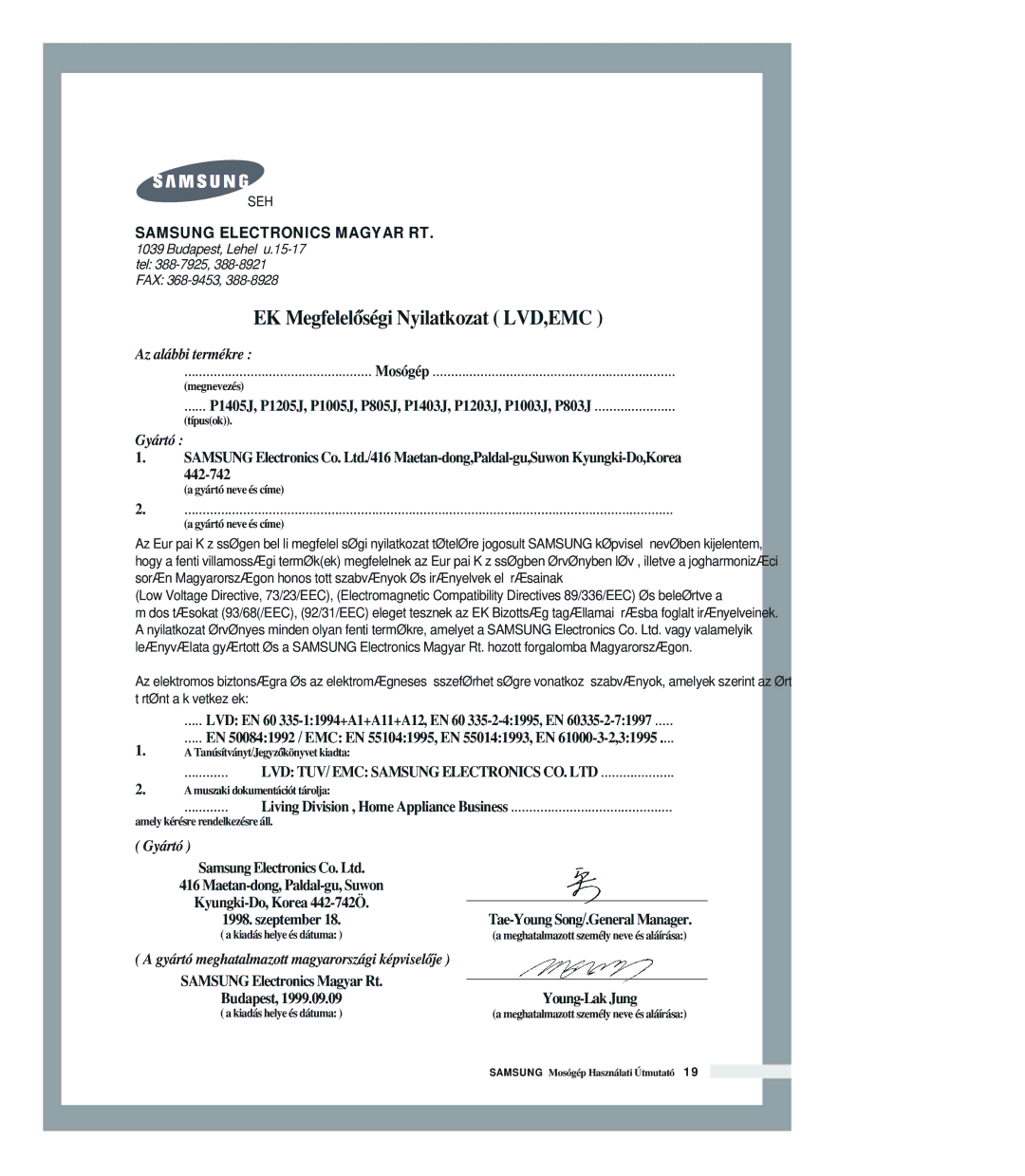 Samsung P1205JGW/XEH manual EK MegfelelŒségi Nyilatkozat LVD,EMC, Young-LakJung 