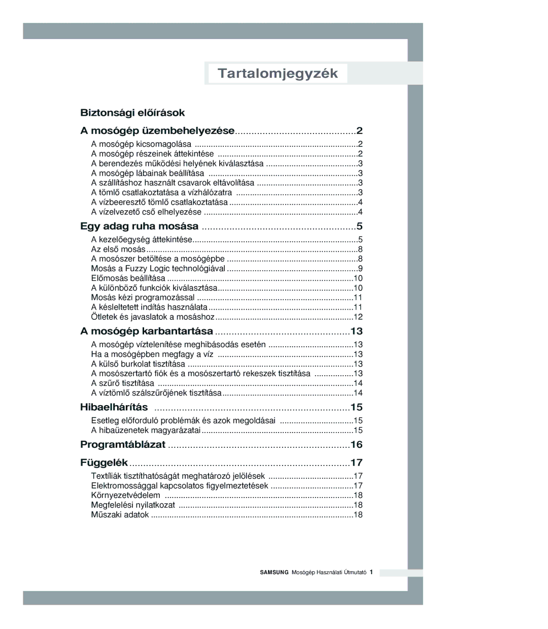 Samsung P1205JGW/XEH manual Tartalomjegyzék 