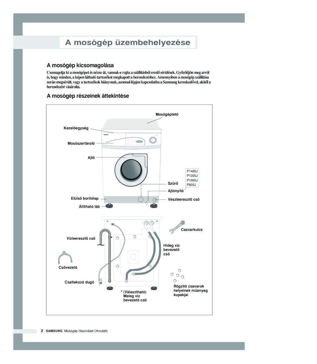 Samsung P1205JGW/XEH manual Mosógép üzembehelyezése, Mosógép kicsomagolása, Mosógép részeinek áttekintése 