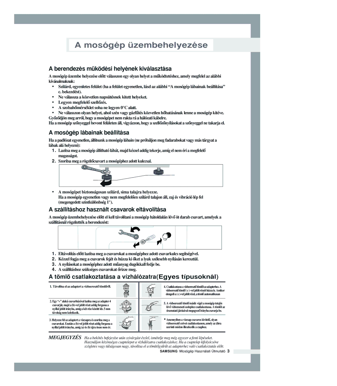 Samsung P1205JGW/XEH manual Berendezés mıködési helyének kiválasztása, Mosógép lábainak beállítása 