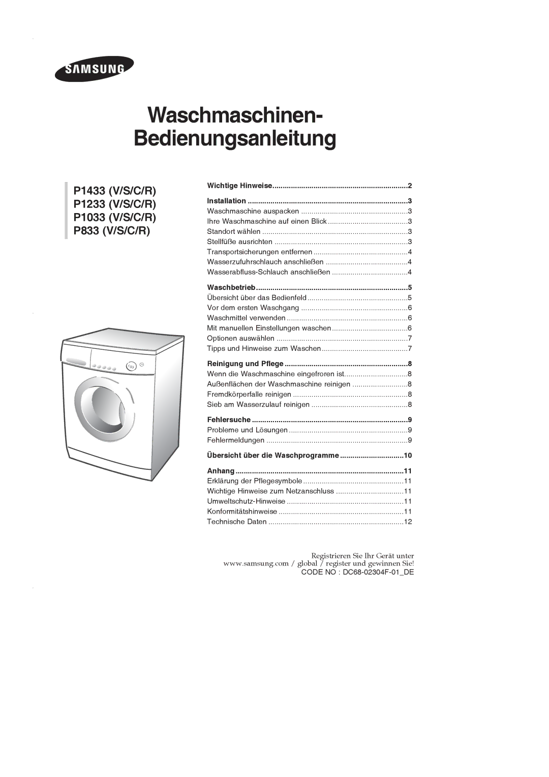 Samsung P1433GW/XEG, P1233GW/XEG manual Waschmaschinen Bedienungsanleitung 