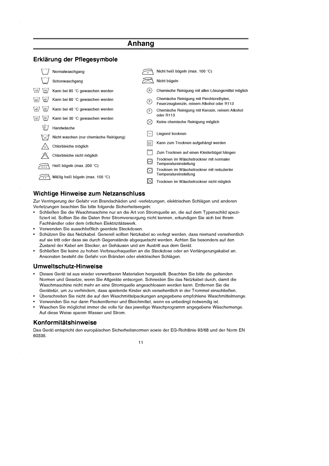 Samsung P1433GW/XEG manual Anhang, Erklärung der Pflegesymbole, Wichtige Hinweise zum Netzanschluss, Umweltschutz-Hinweise 