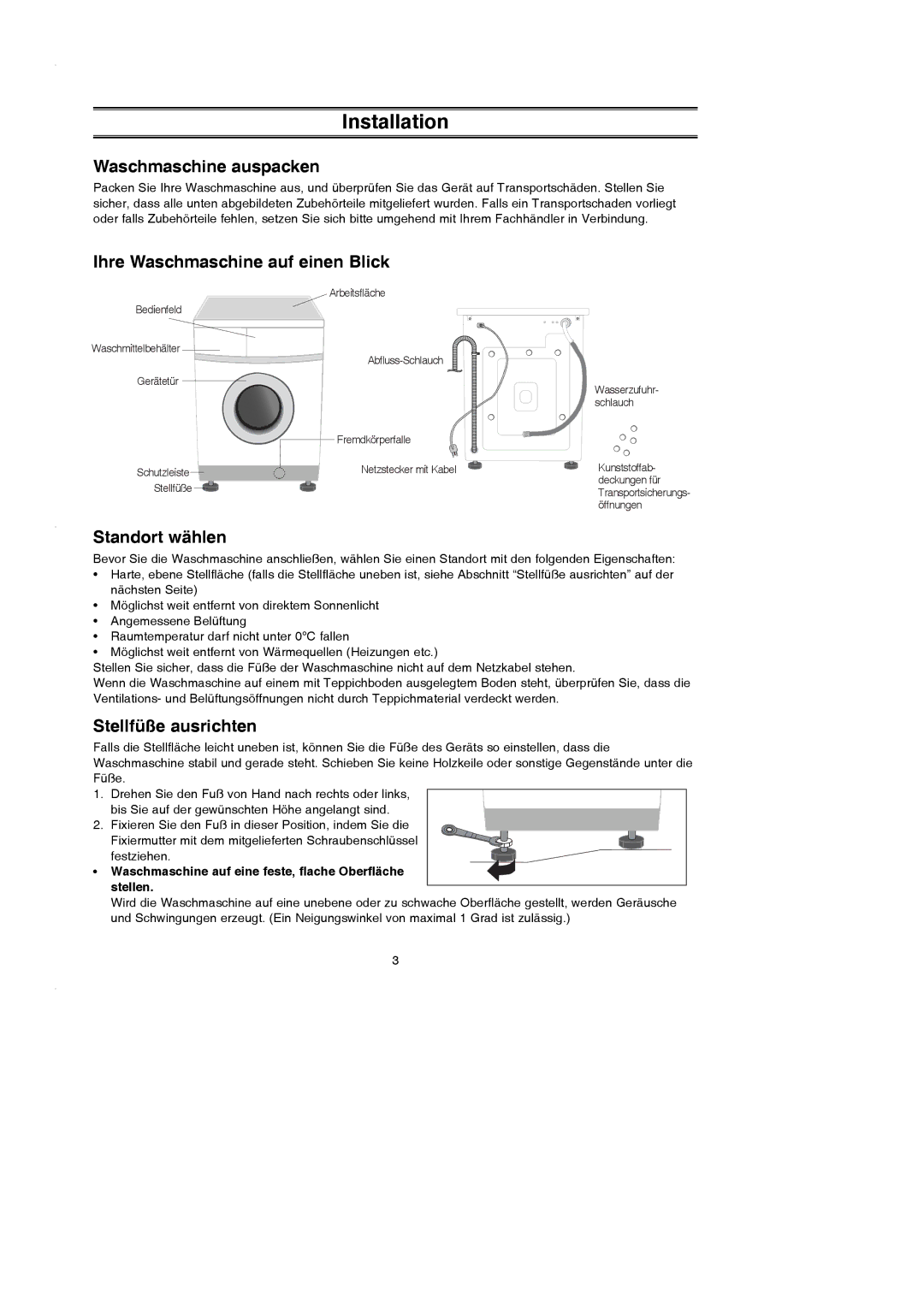 Samsung P1433GW/XEG manual Installation, Waschmaschine auspacken, Ihre Waschmaschine auf einen Blick, Standort wählen 