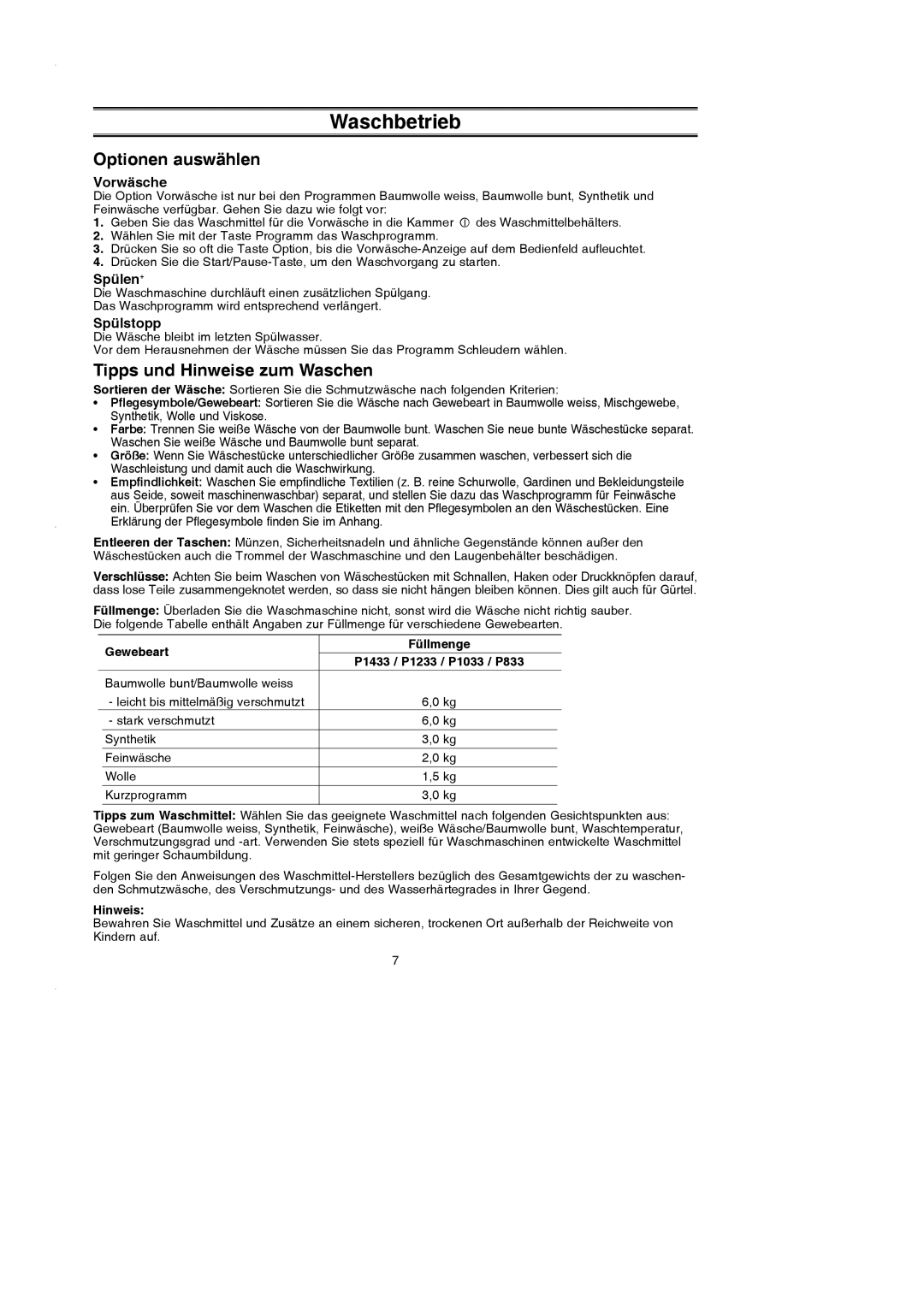 Samsung P1433GW/XEG, P1233GW/XEG manual Optionen auswählen, Tipps und Hinweise zum Waschen, Vorwäsche, Spülen+, Spülstopp 