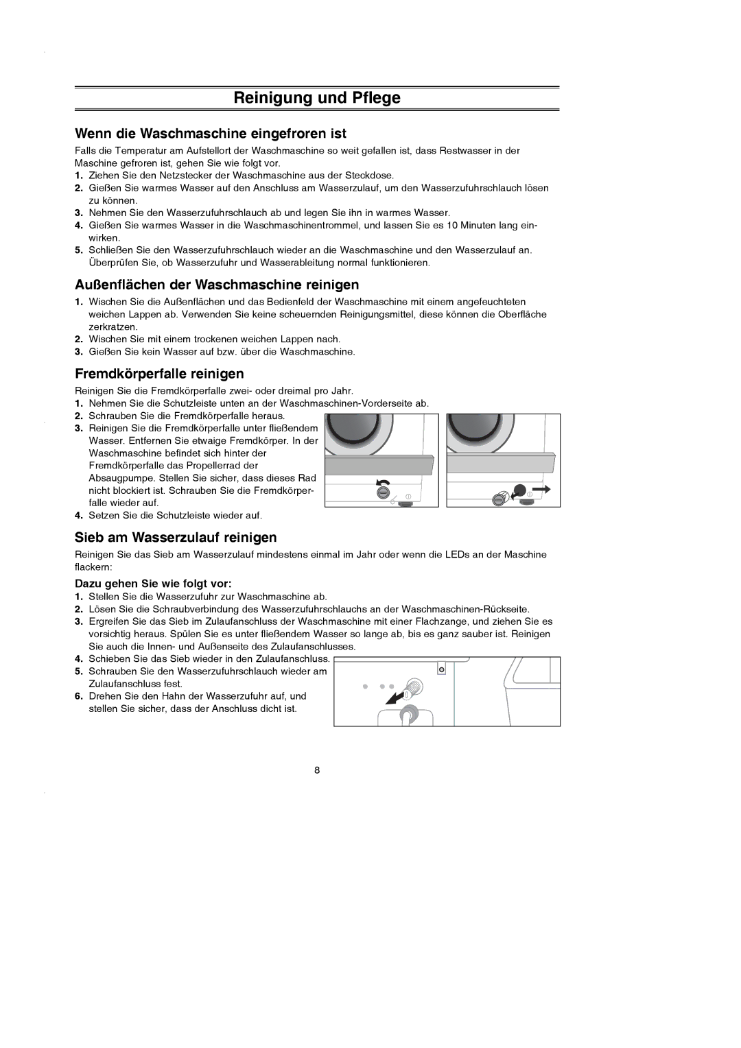 Samsung P1233GW/XEG Reinigung und Pflege, Wenn die Waschmaschine eingefroren ist, Außenflächen der Waschmaschine reinigen 