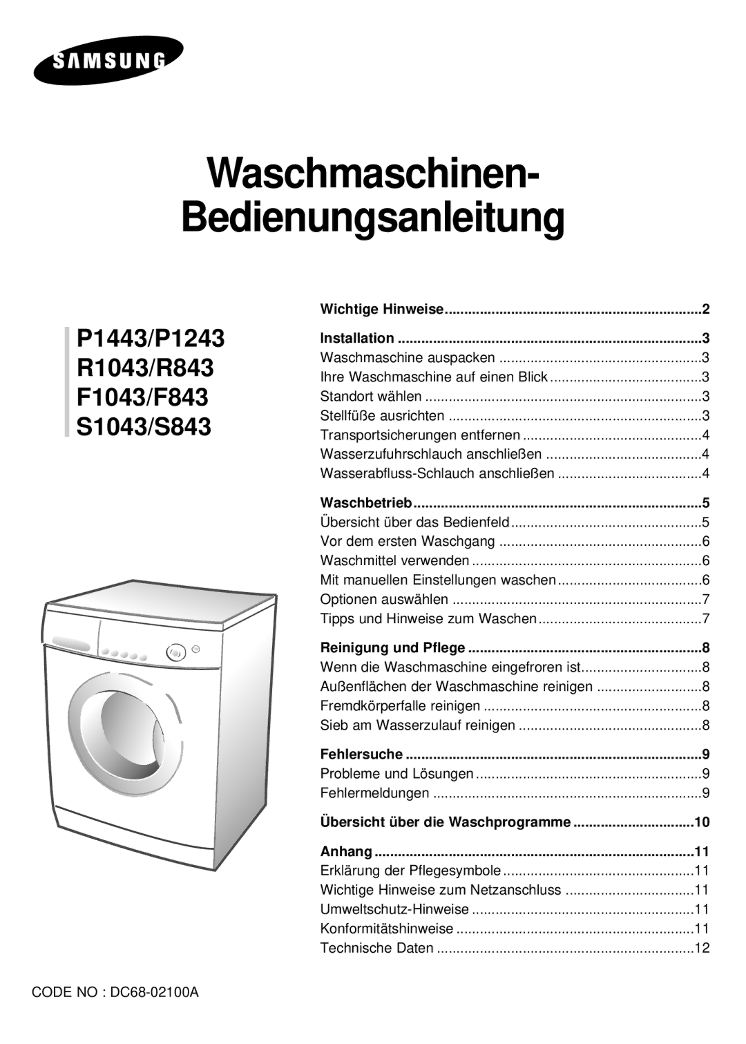 Samsung P1443GW/XEG, P1243GW/XEG manual Waschmaschinen Bedienungsanleitung 