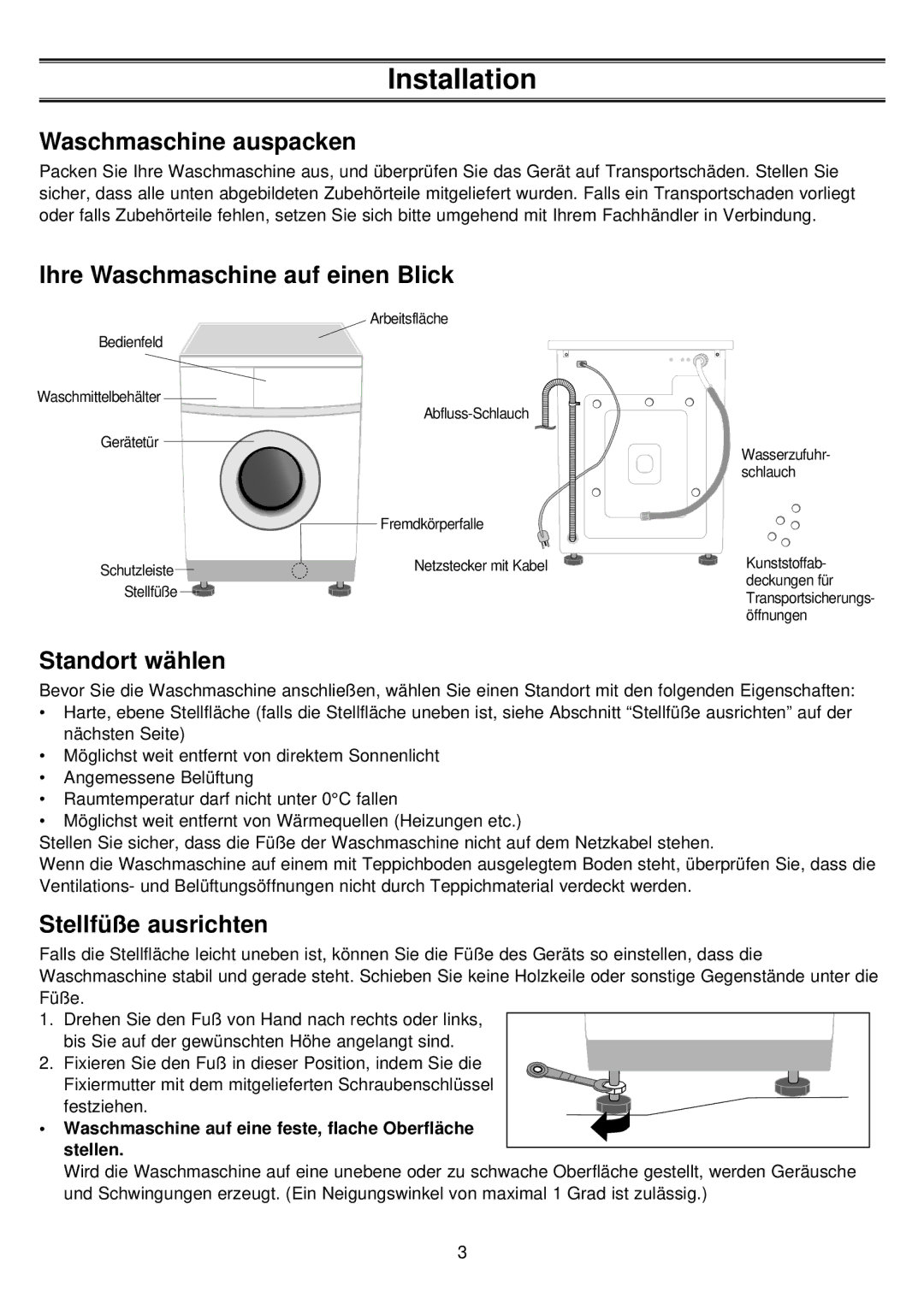 Samsung P1443GW/XEG manual Installation, Waschmaschine auspacken, Ihre Waschmaschine auf einen Blick, Standort wählen 