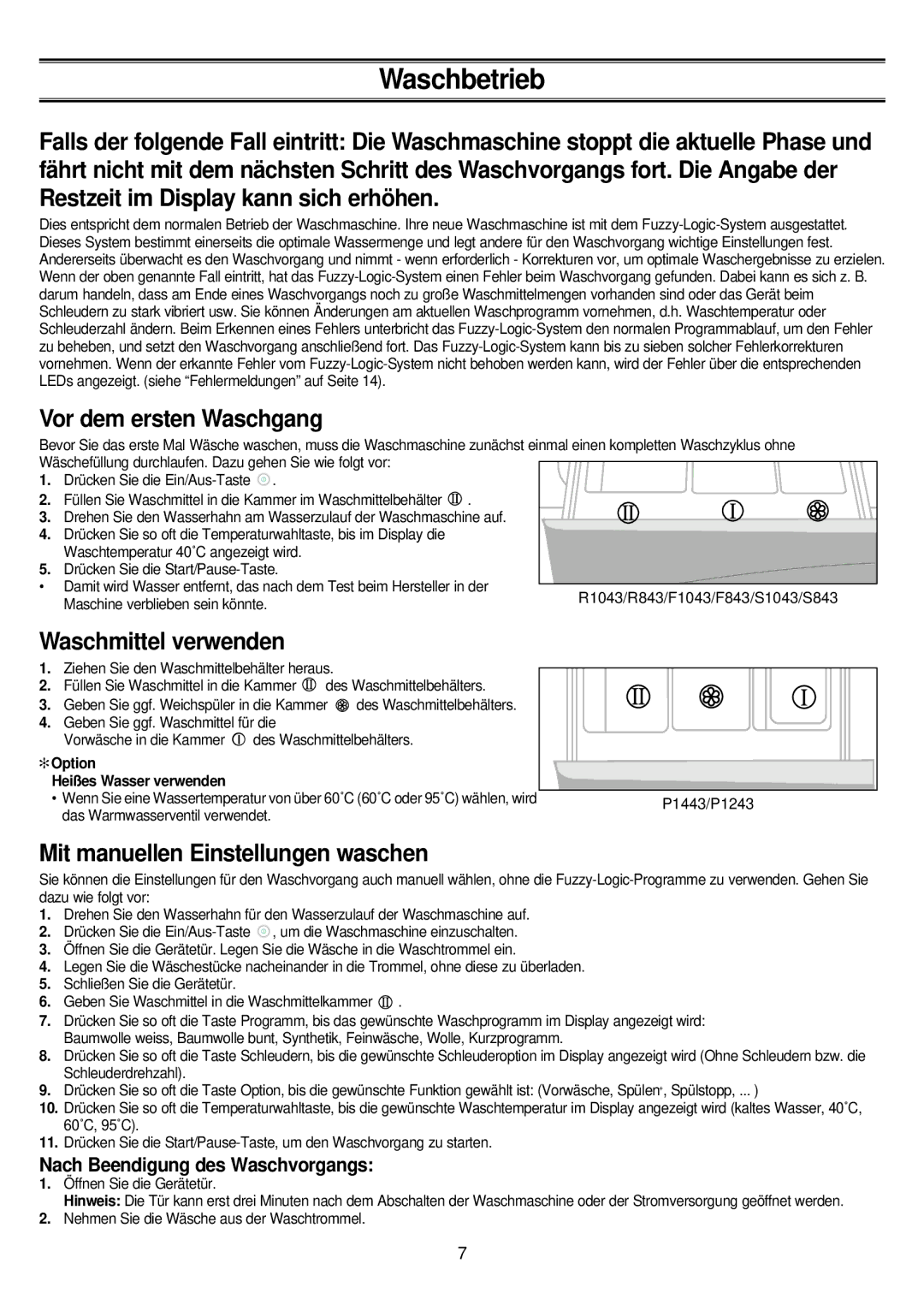 Samsung P1443GW/XEG, P1243GW/XEG manual Vor dem ersten Waschgang, Waschmittel verwenden, Mit manuellen Einstellungen waschen 