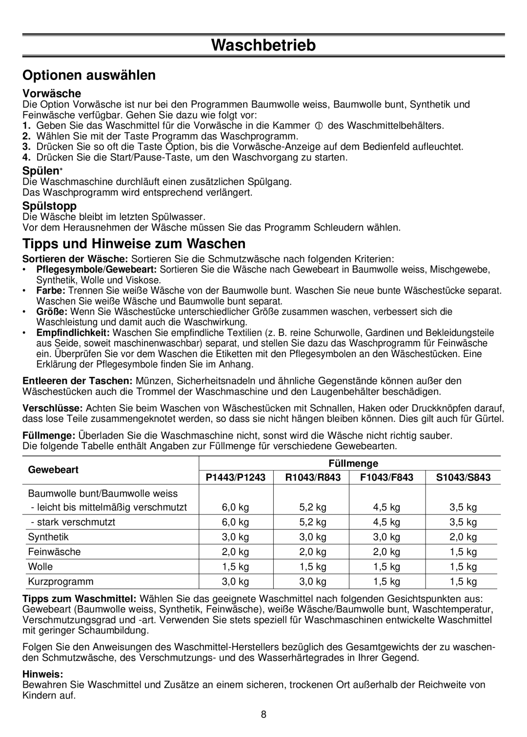 Samsung P1243GW/XEG, P1443GW/XEG manual Optionen auswählen, Tipps und Hinweise zum Waschen, Vorwäsche, Spülen +, Spülstopp 