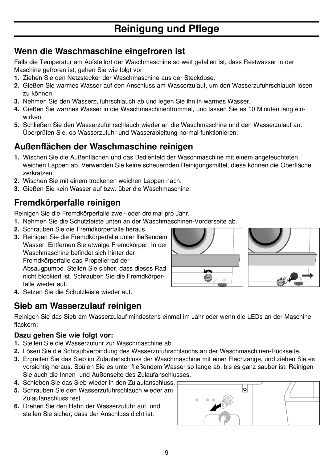 Samsung P1443GW/XEG Reinigung und Pflege, Wenn die Waschmaschine eingefroren ist, Außenflächen der Waschmaschine reinigen 