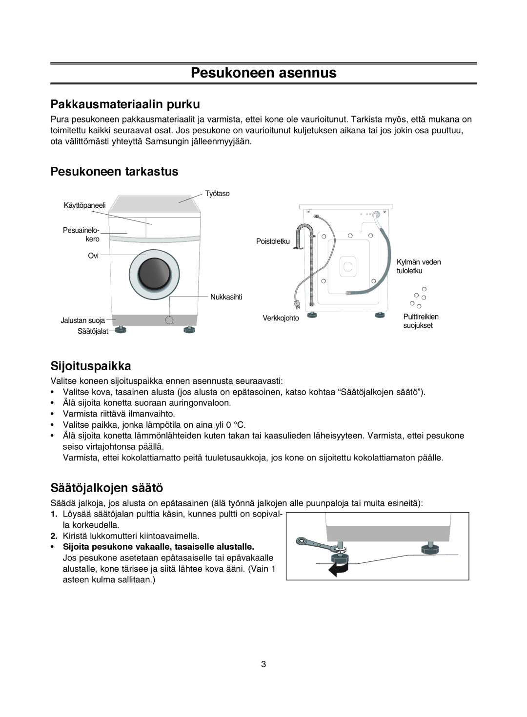 Samsung P1253GW/XEE, P1053GW/XEE manual Pesukoneen asennus, Pakkausmateriaalin purku, Pesukoneen tarkastus, Sijoituspaikka 