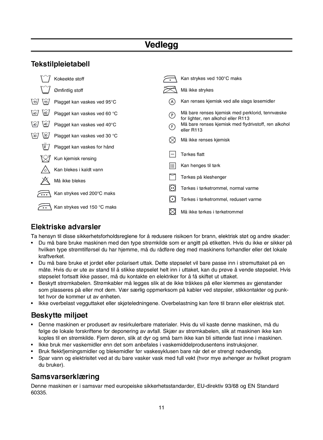 Samsung P1453GW/XEE, P1253GW/XEE Vedlegg, Tekstilpleietabell, Elektriske advarsler, Beskytte miljøet, Samsvarserklæring 