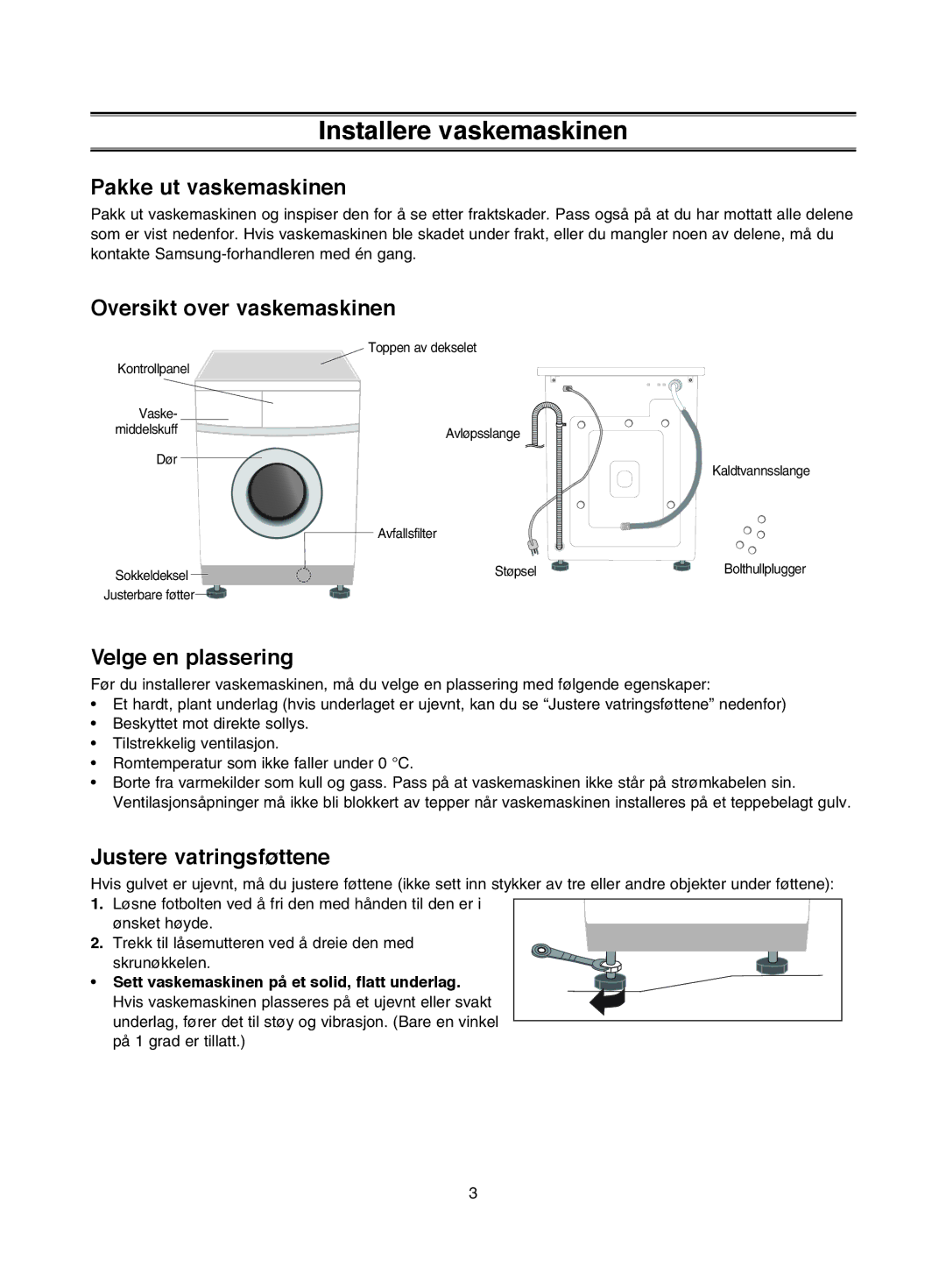 Samsung P1253GW/XEE Installere vaskemaskinen, Pakke ut vaskemaskinen, Oversikt over vaskemaskinen, Velge en plassering 