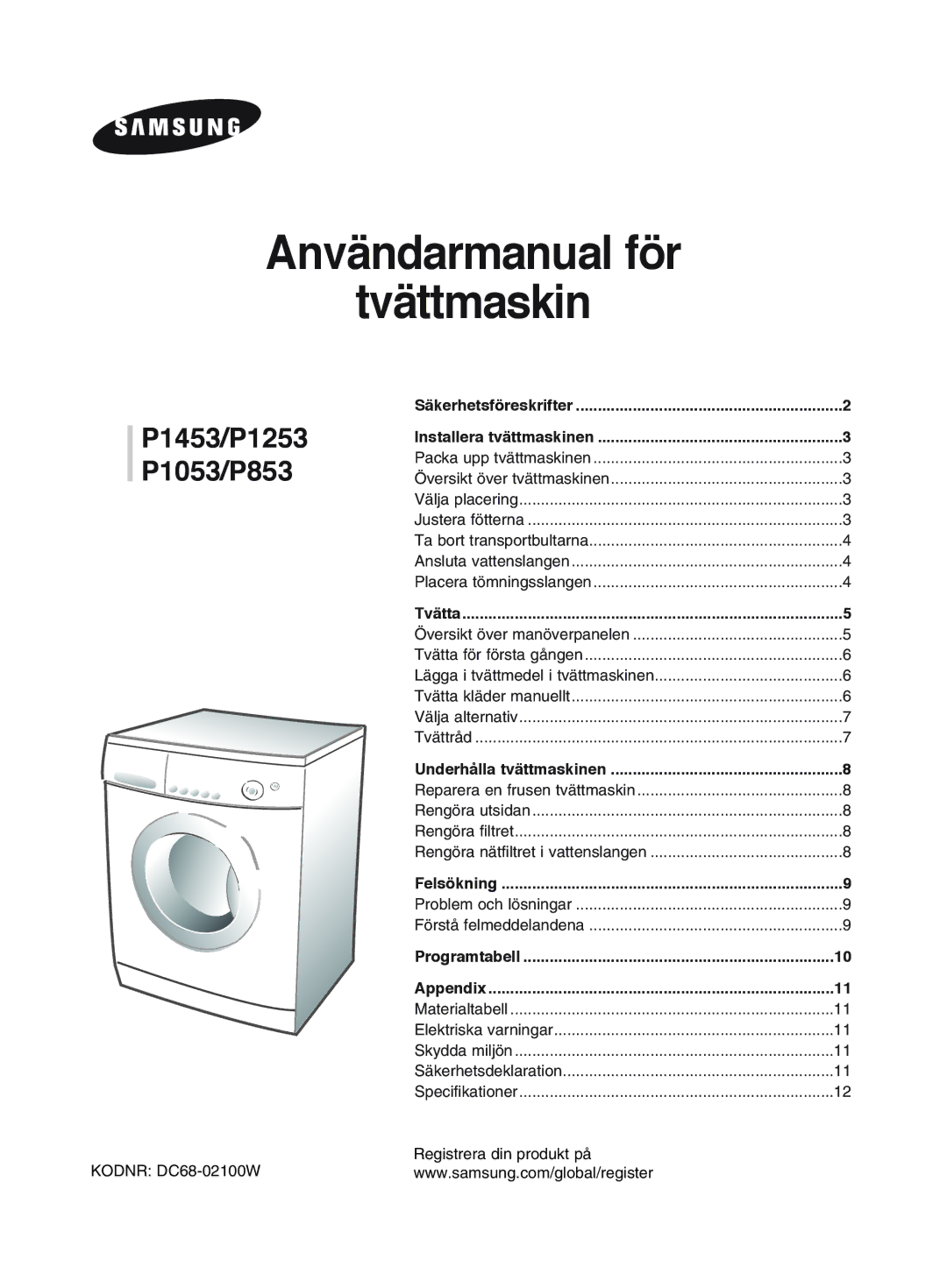 Samsung P1053GW/XEE, P1253GW/XEE, P1453GW/XEE manual Användarmanual för Tvättmaskin 