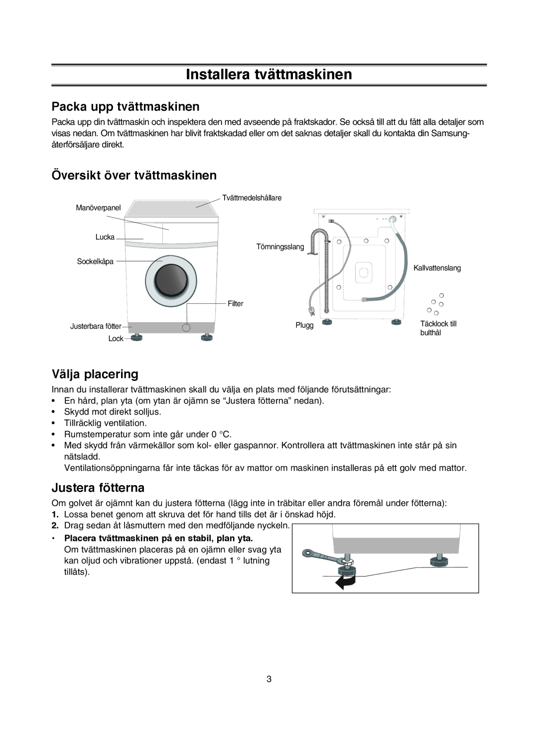 Samsung P1253GW/XEE manual Installera tvättmaskinen, Packa upp tvättmaskinen, Översikt över tvättmaskinen, Välja placering 