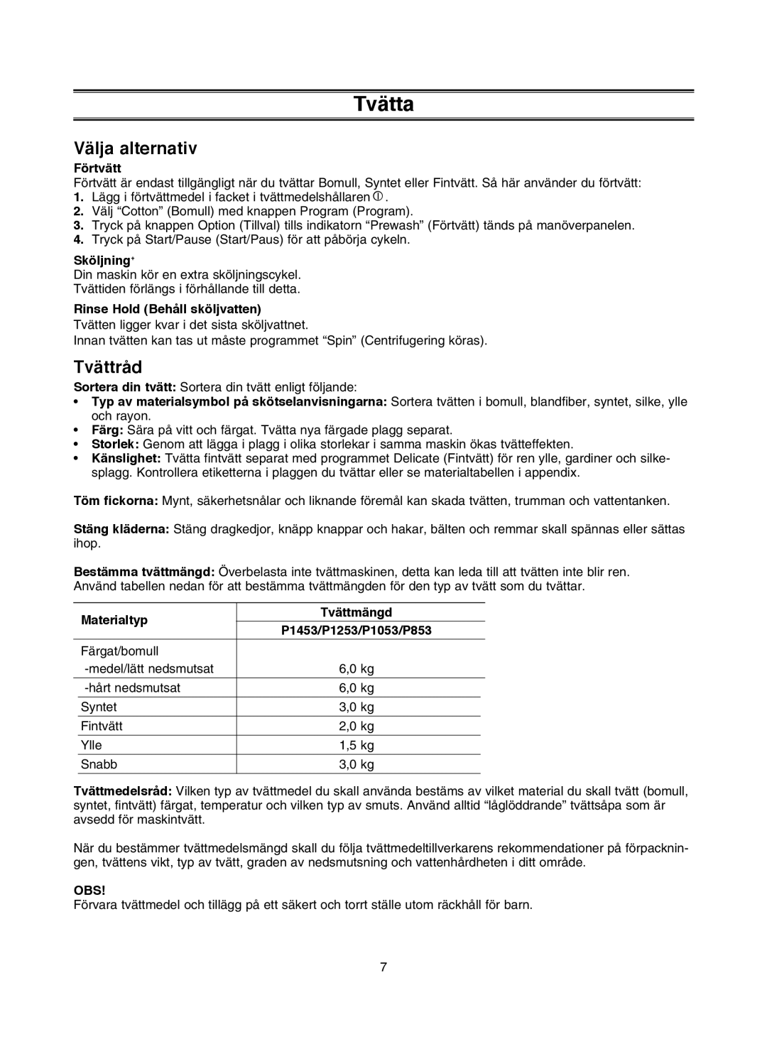 Samsung P1053GW/XEE, P1253GW/XEE, P1453GW/XEE manual Välja alternativ, Tvättråd 