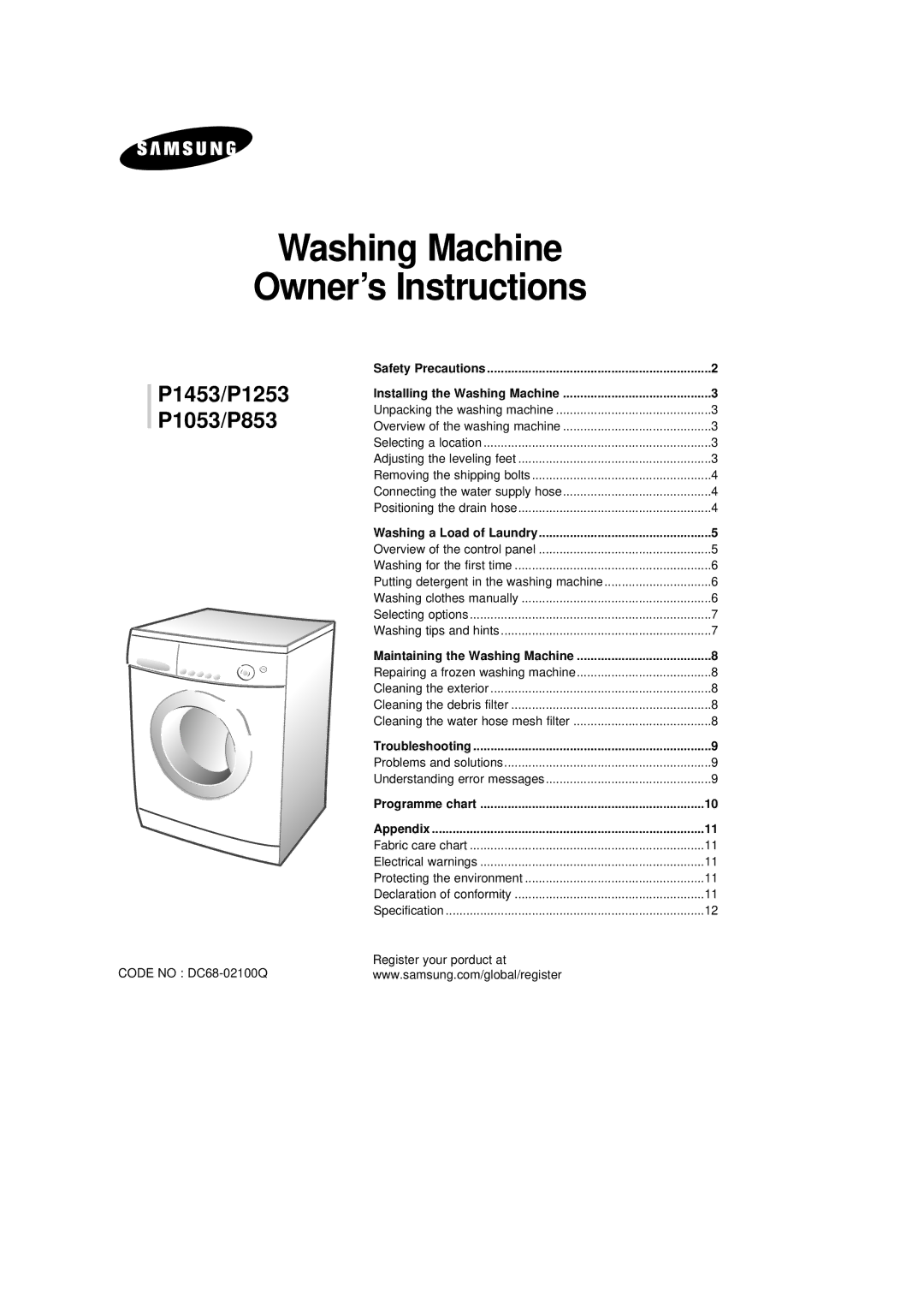 Samsung P1053EW/XSE, P1253GW/XEG, P1253EW/XSE, P853EW/XSE manual Washing Machine Owner’s Instructions 