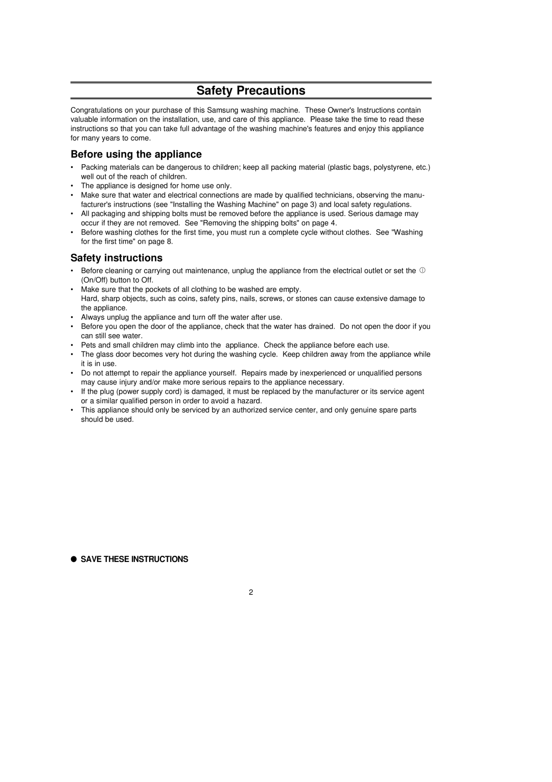 Samsung P1253EW/XSE, P1253GW/XEG, P1053EW/XSE manual Safety Precautions, Before using the appliance, Safety instructions 