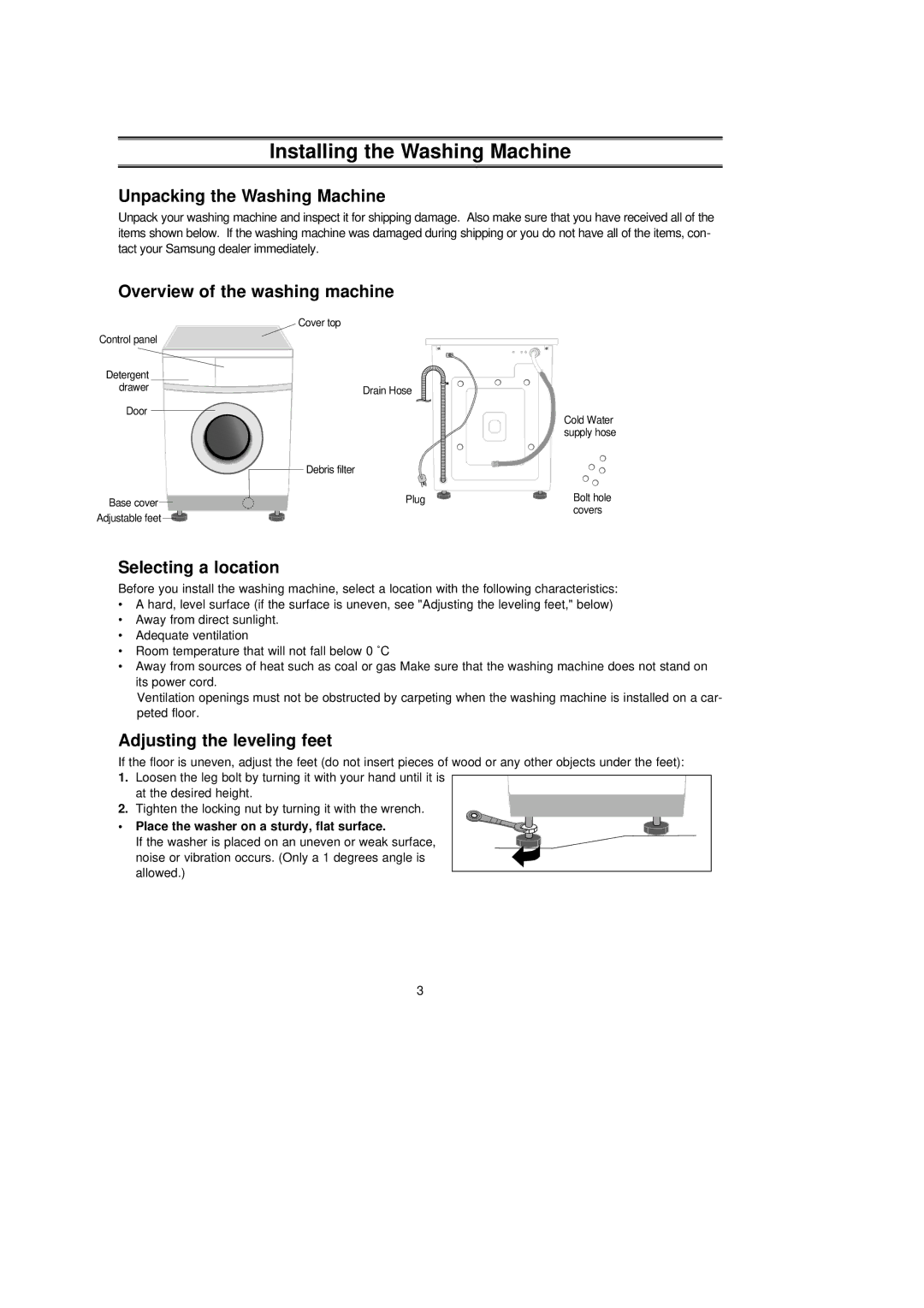 Samsung P853EW/XSE manual Installing the Washing Machine, Unpacking the Washing Machine, Overview of the washing machine 