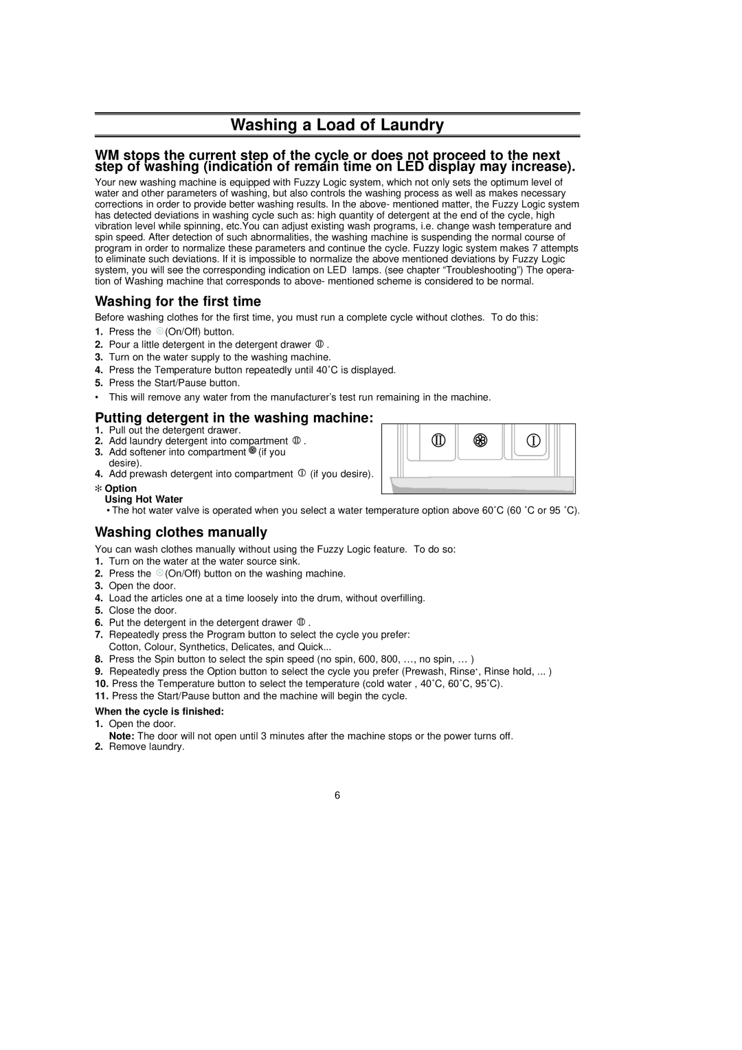 Samsung P1253EW/XSE Washing for the first time, Putting detergent in the washing machine, Washing clothes manually 