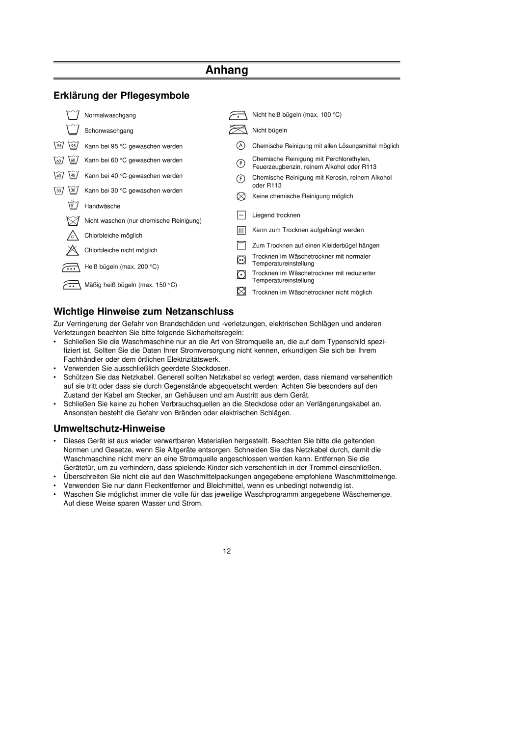 Samsung P1253GW/XEG manual Anhang, Erklärung der Pflegesymbole, Wichtige Hinweise zum Netzanschluss, Umweltschutz-Hinweise 