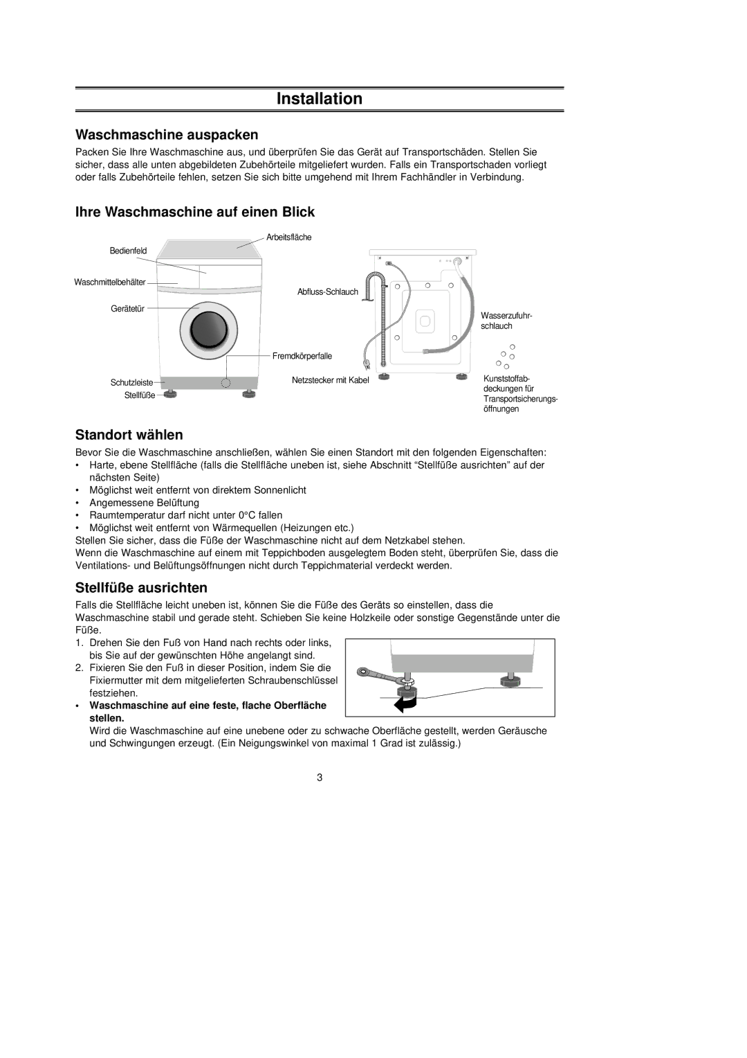 Samsung P1253GW/XEG manual Installation, Waschmaschine auspacken, Ihre Waschmaschine auf einen Blick, Standort wählen 