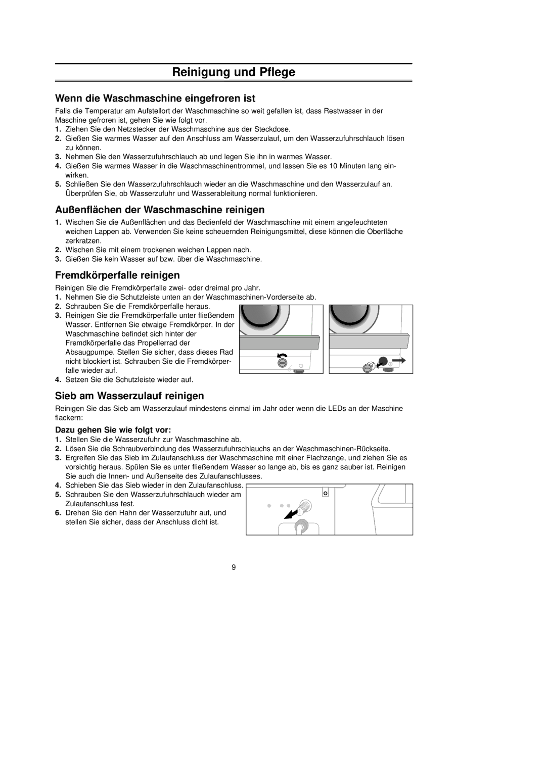 Samsung P1253GW/XEG Reinigung und Pflege, Wenn die Waschmaschine eingefroren ist, Außenflächen der Waschmaschine reinigen 