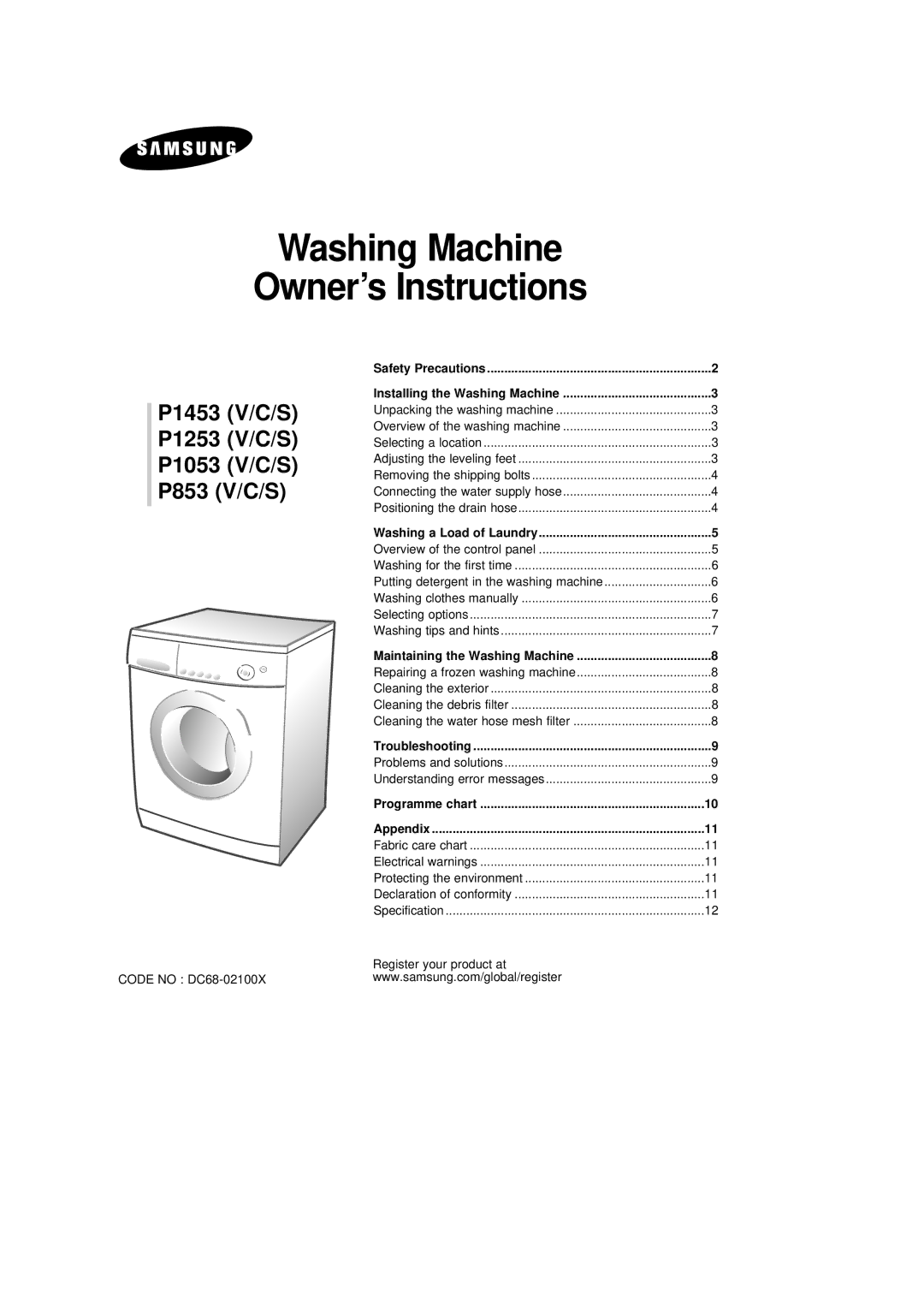 Samsung P1053EW/XSE, P1253GW/XEG, P1253EW/XSE, P853EW/XSE manual Washing Machine Owner’s Instructions 