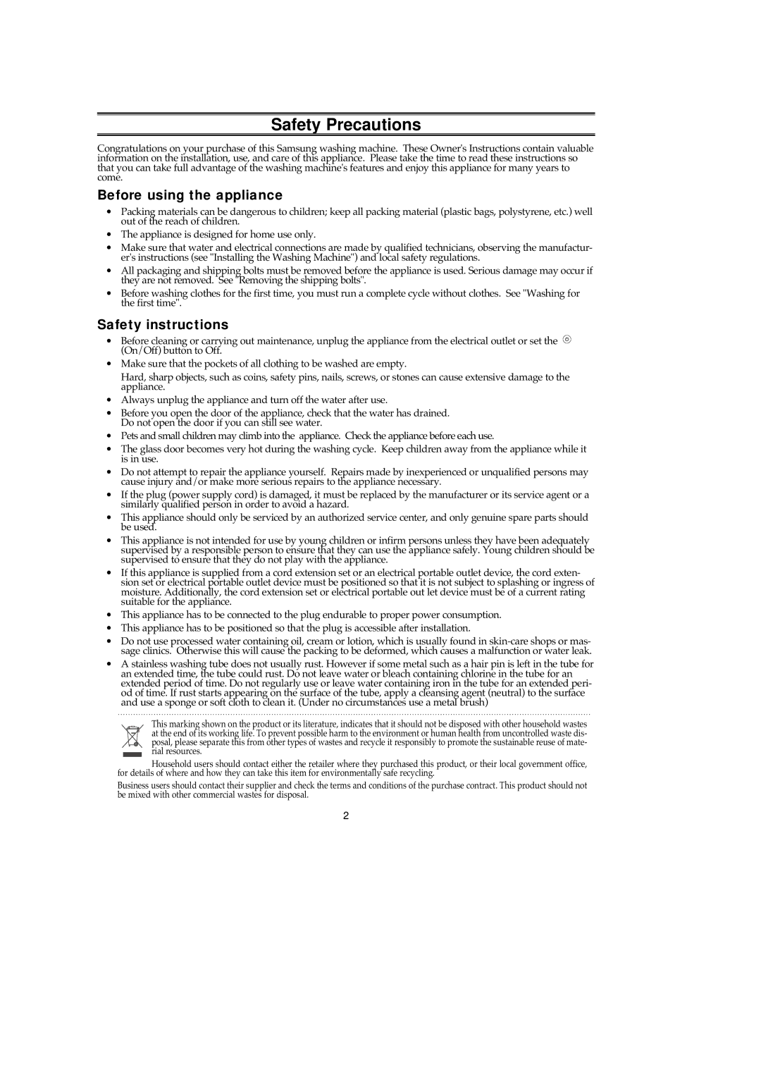 Samsung P1053GW/YLE, P1253GW/XEG, P1253GW/YLE, P853GW/YLE, P1253GW/XEH manual Safety Precautions, Before using the appliance 