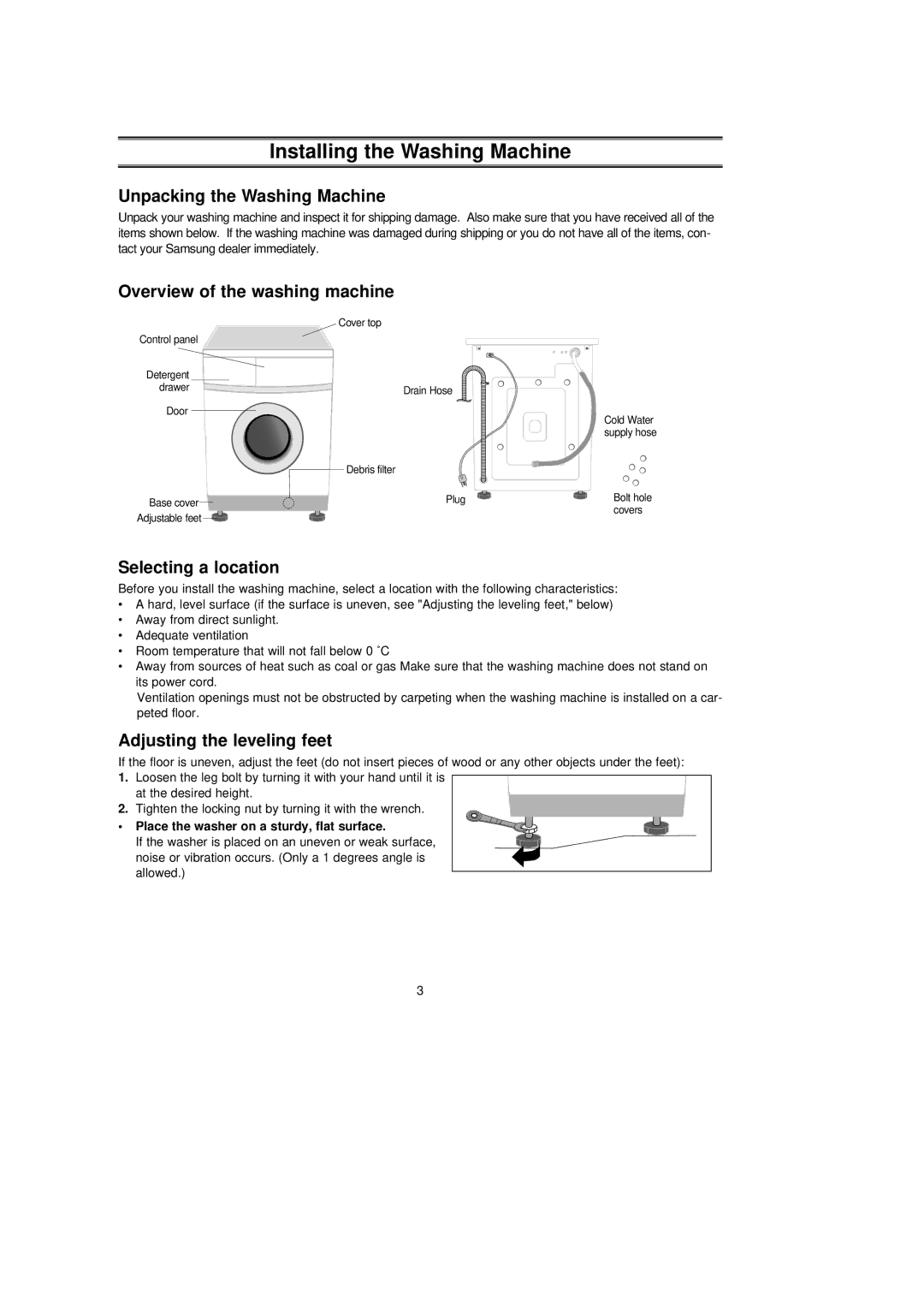 Samsung P853GW/YLE manual Installing the Washing Machine, Unpacking the Washing Machine, Overview of the washing machine 