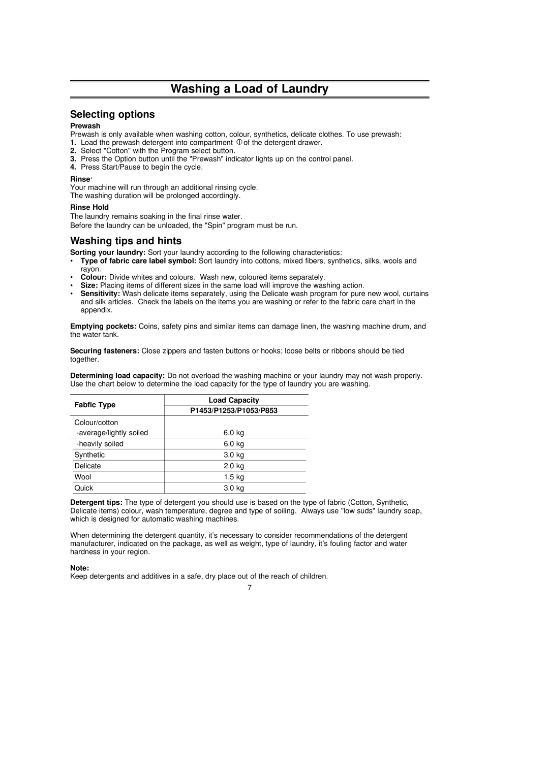 Samsung P1253GW/XEG, P1253GW/YLE Selecting options, Washing tips and hints, Prewash, Rinse Hold, Fabfic Type Load Capacity 