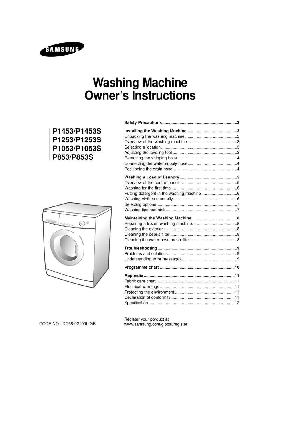 Samsung P1253GW/YNI, P1253GW/YPQ, P1453GW/YNI, P1453GW/YPQ, P1253GW/YLE manual Washing Machine Owner’s Instructions 