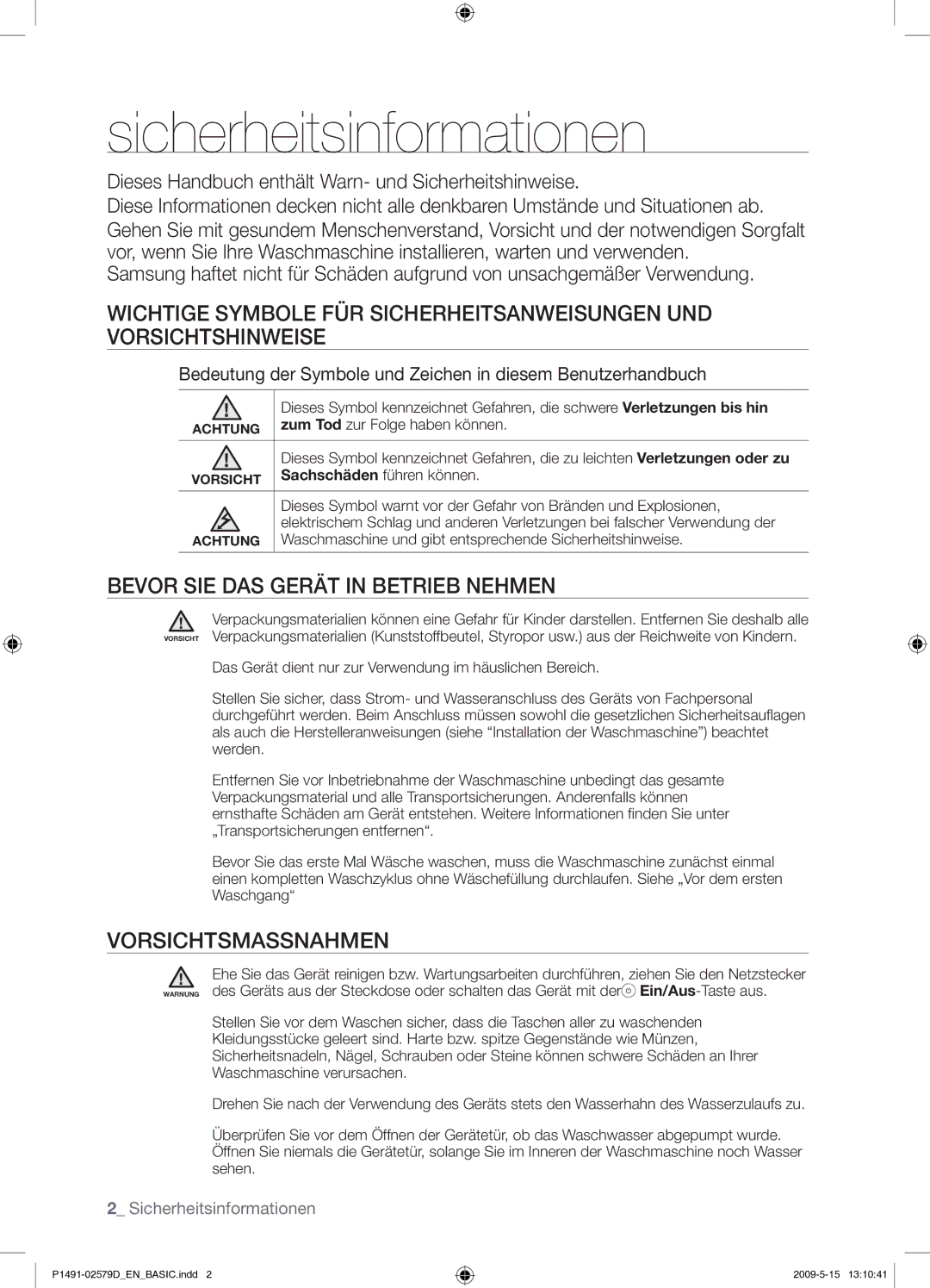 Samsung P1291GW/XEG manual Sicherheitsinformationen, Bevor SIE DAS Gerät in Betrieb Nehmen, Vorsichtsmassnahmen 