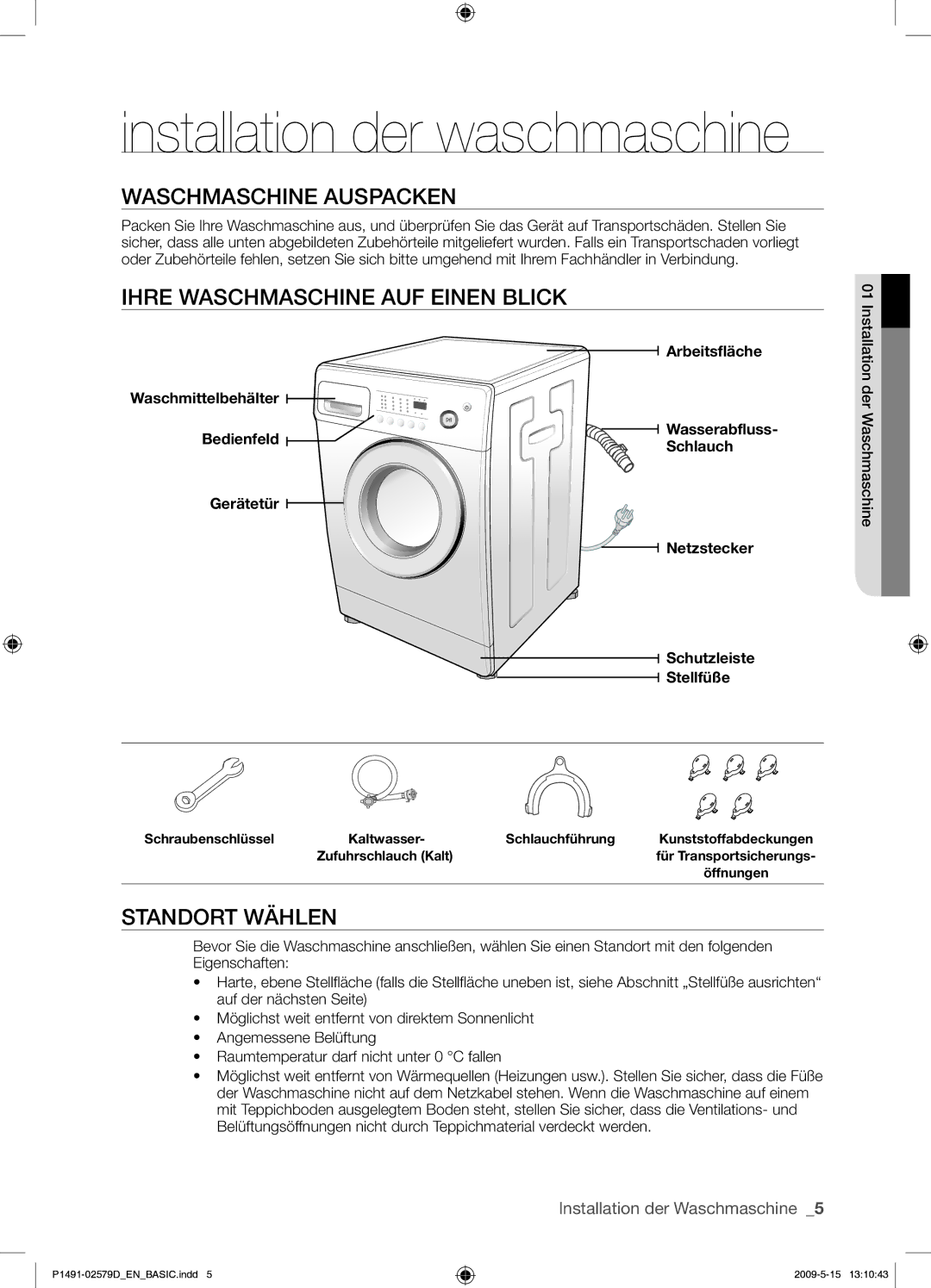 Samsung P1291GW/XEG manual Waschmaschine Auspacken, Ihre Waschmaschine AUF Einen Blick, Standort Wählen 