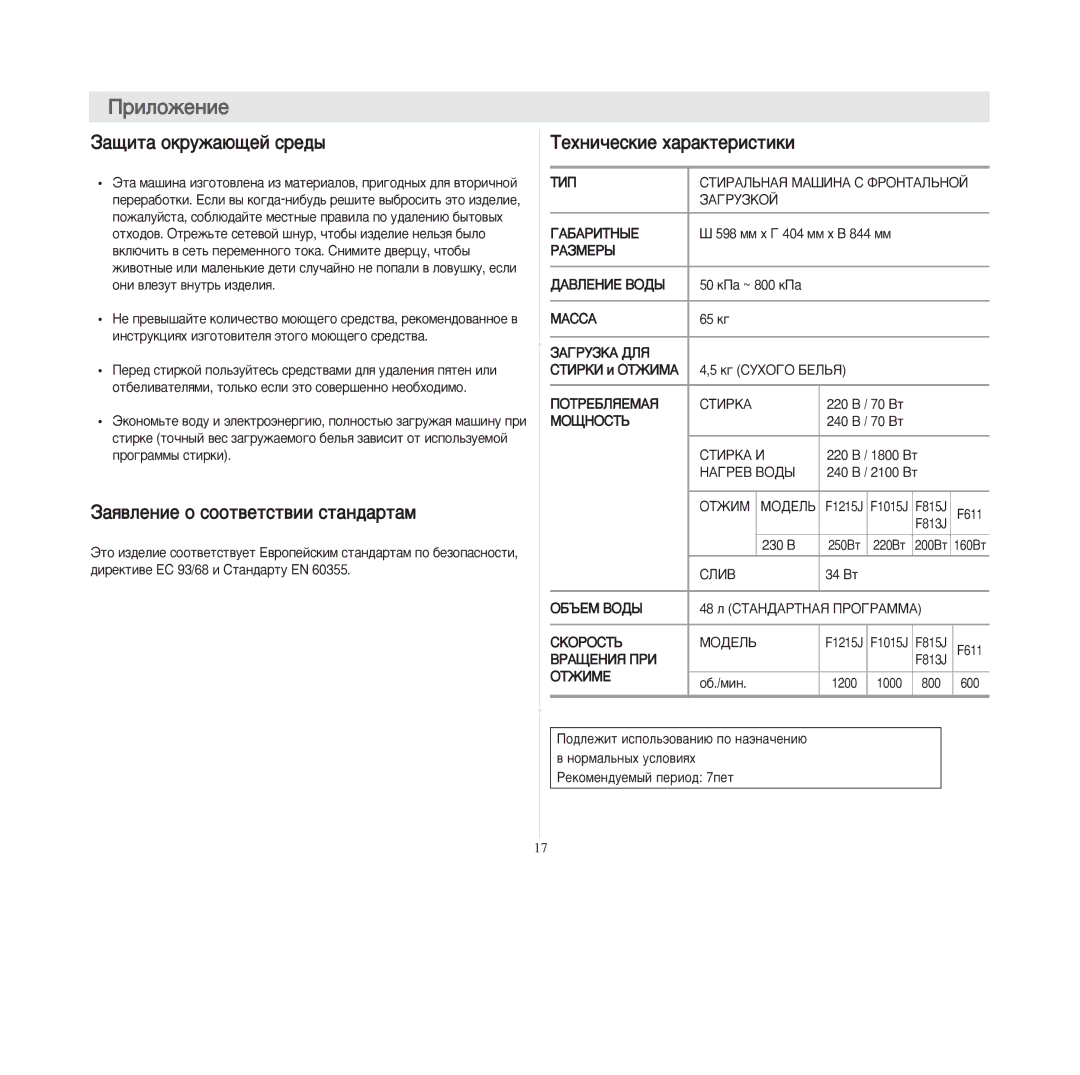 Samsung F1015JGW-YLP, F611GW/YLP ‡àùèòà îêðóæàþùåé ñðåäû, ‡àßâëåíèå î ñîîòâåòñòâèè ñòàíäàðòàì, ’åõíè÷åñêèå õàðàêòåðèñòèêè 