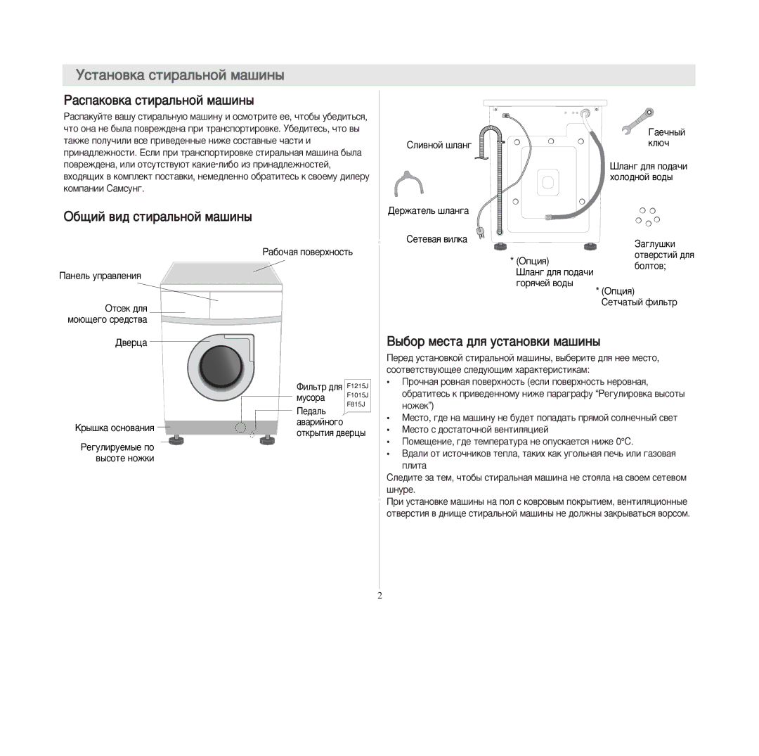 Samsung F1013JGS1/YLW, P1405JGS/XEG Ñòàíîâêà ñòèðàëüíîé ìàøèíû, Àñïàêîâêà ñòèðàëüíîé ìàøèíû, Žáùèé âèä ñòèðàëüíîé ìàøèíû 