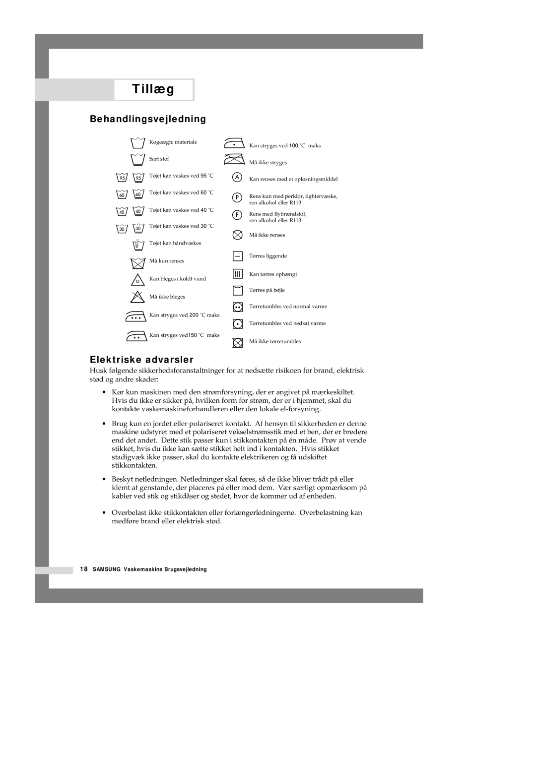 Samsung P1405JGW/XEE manual Tillæg, Behandlingsvejledning, Elektriske advarsler 