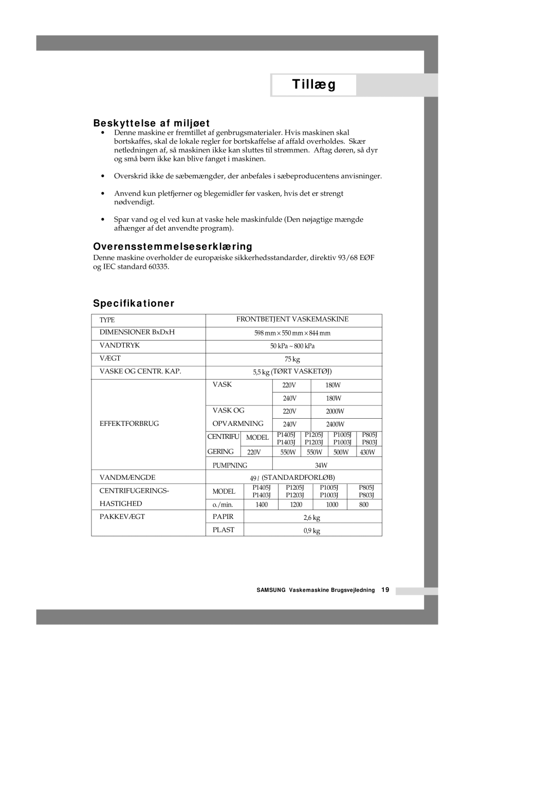 Samsung P1405JGW/XEE manual Beskyttelse af miljøet, Overensstemmelseserklæring, Specifikationer 