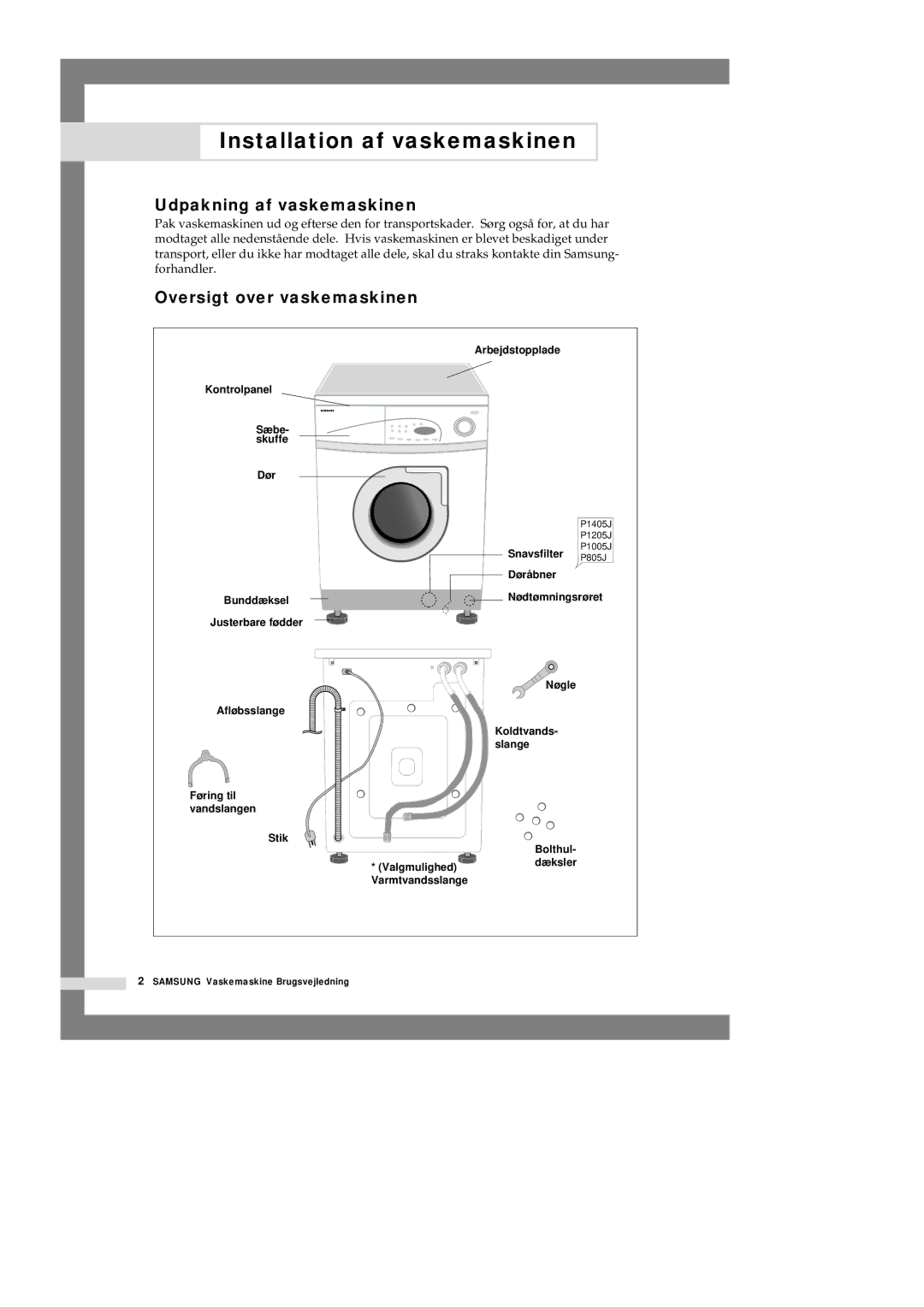 Samsung P1405JGW/XEE manual Installation af vaskemaskinen, Udpakning af vaskemaskinen, Oversigt over vaskemaskinen 