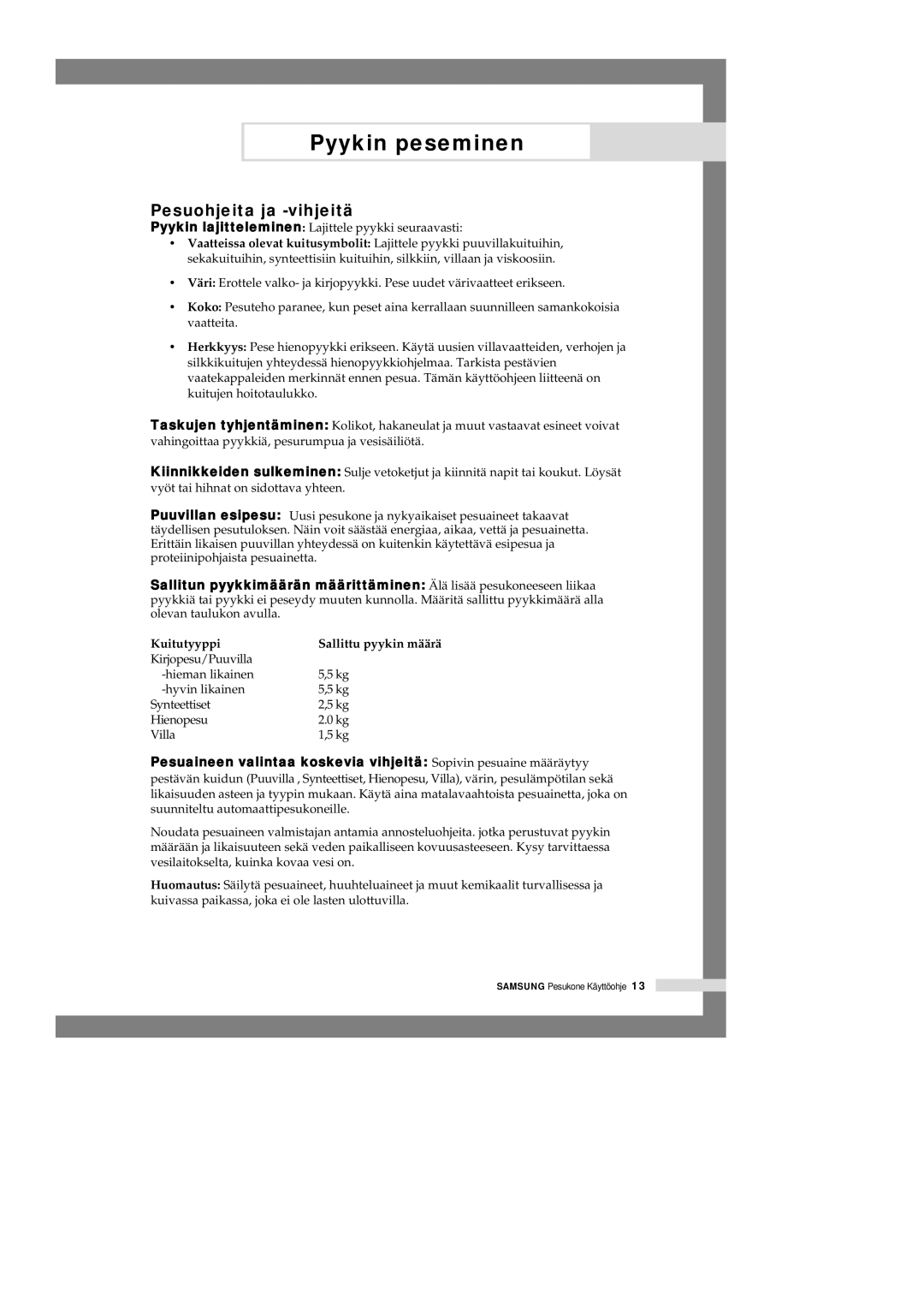 Samsung P1405JGW/XEE manual Pesuohjeita ja -vihjeitä, Kuitutyyppi 