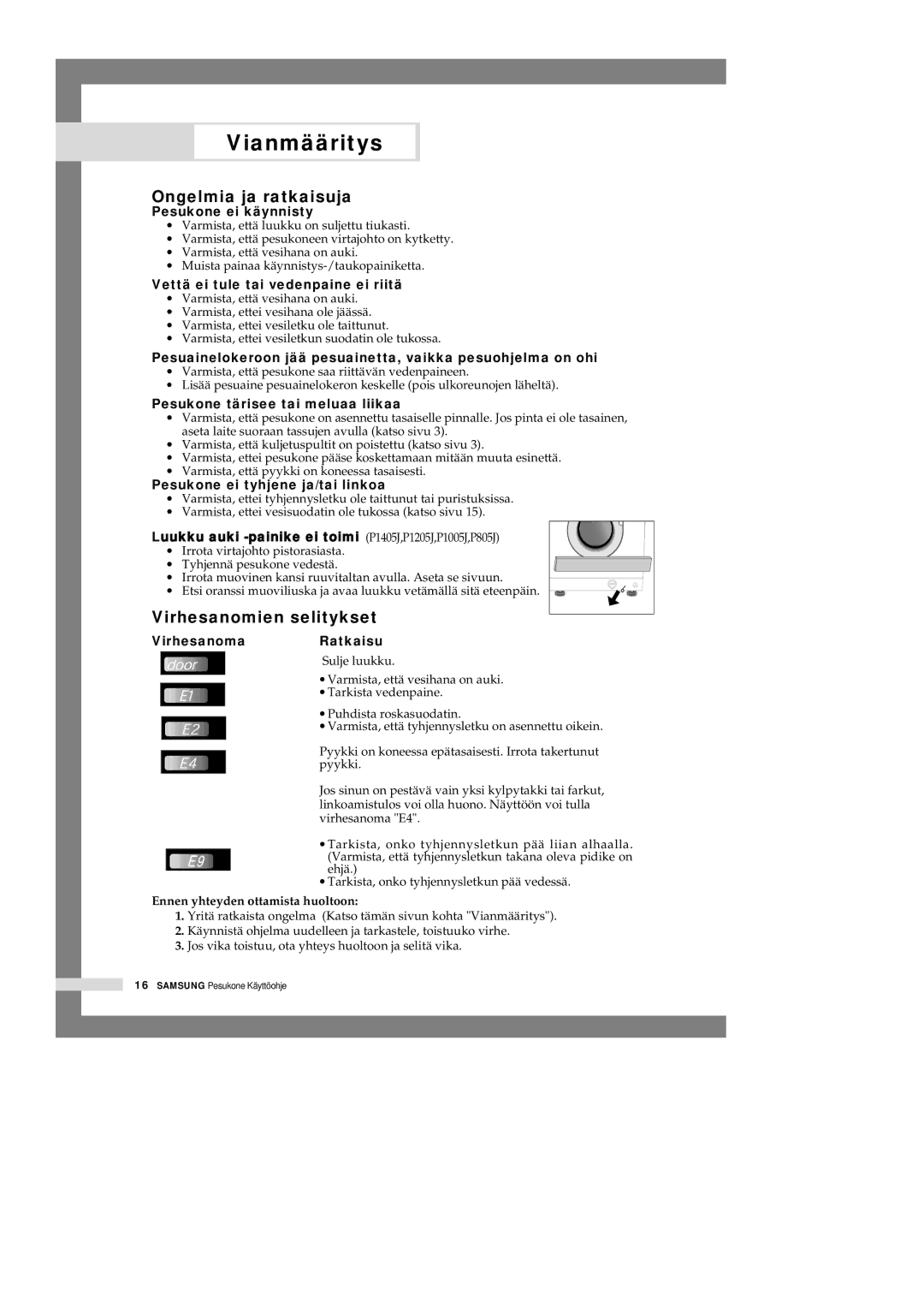 Samsung P1405JGW/XEE manual Vianmääritys, Ongelmia ja ratkaisuja, Virhesanomien selitykset 