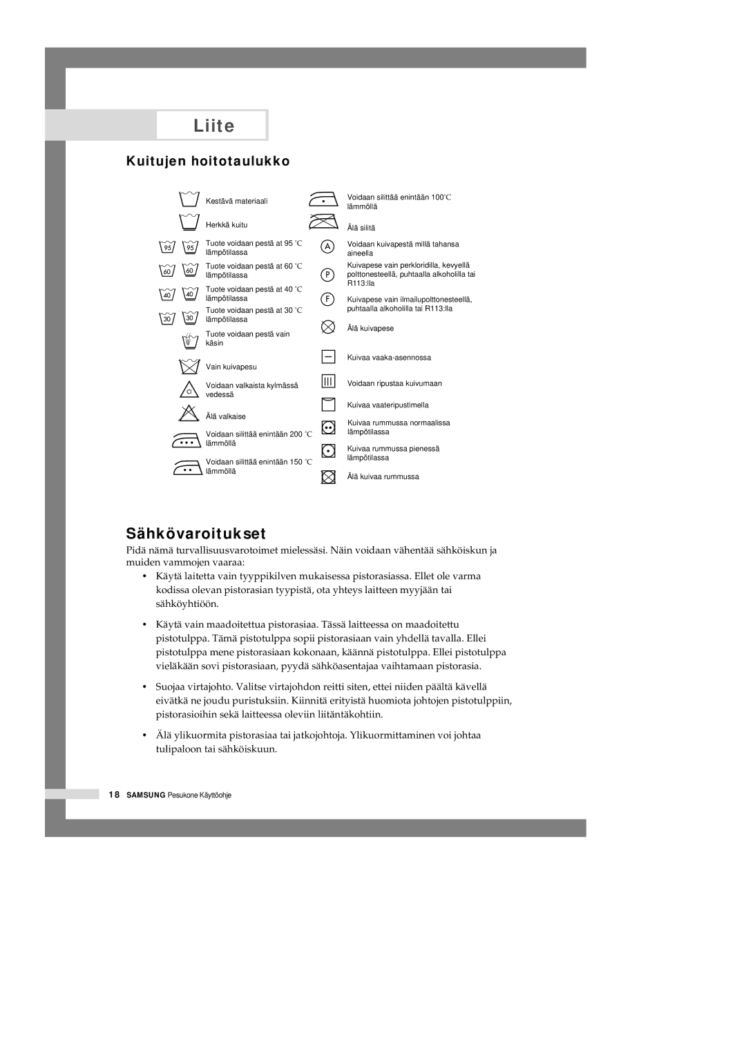 Samsung P1405JGW/XEE manual Liite, Kuitujen hoitotaulukko 