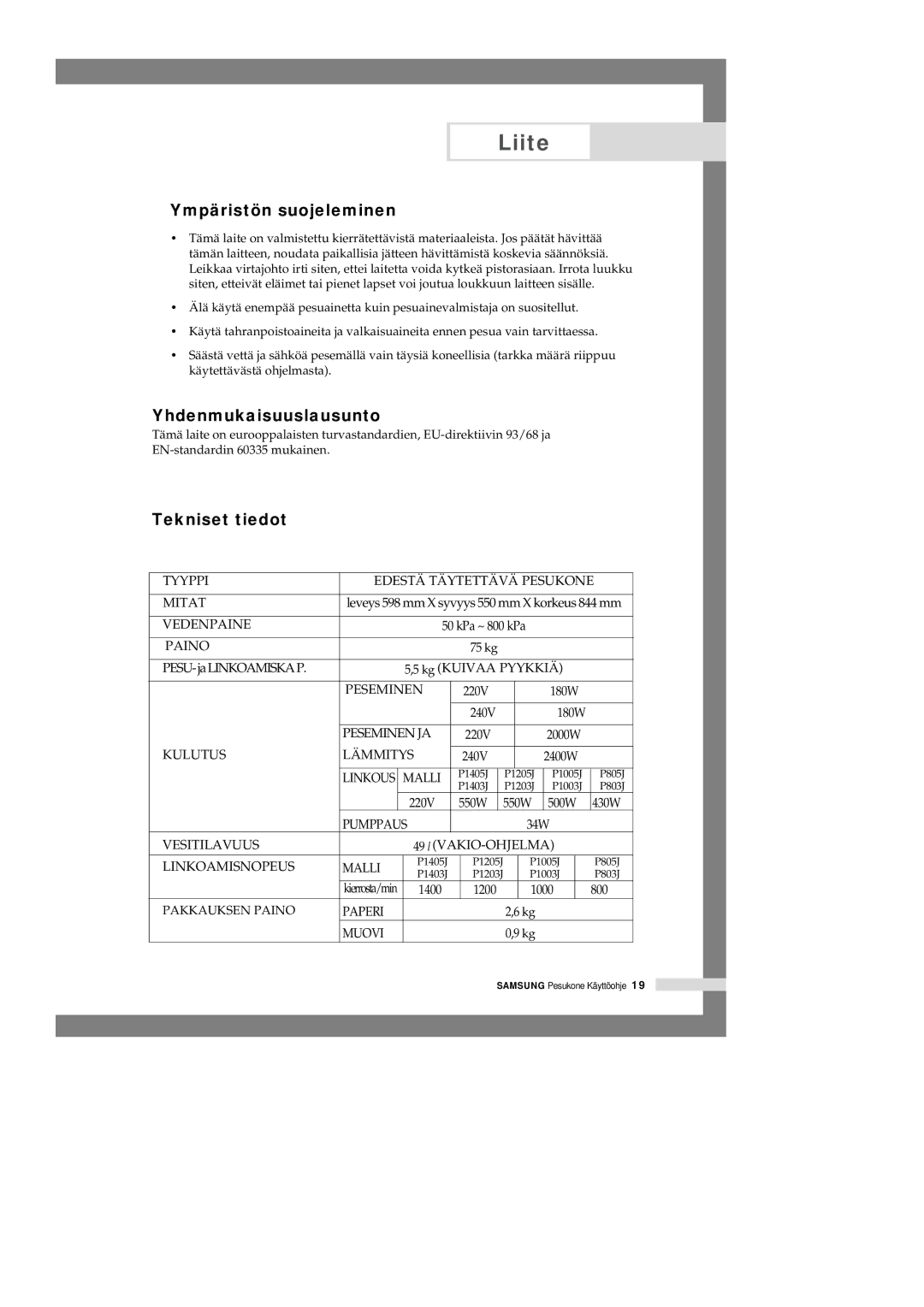 Samsung P1405JGW/XEE manual Ympäristön suojeleminen, Yhdenmukaisuuslausunto, Tekniset tiedot 