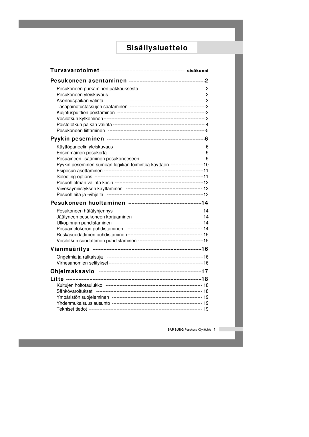 Samsung P1405JGW/XEE manual Sisällysluettelo, Sisäkansi 