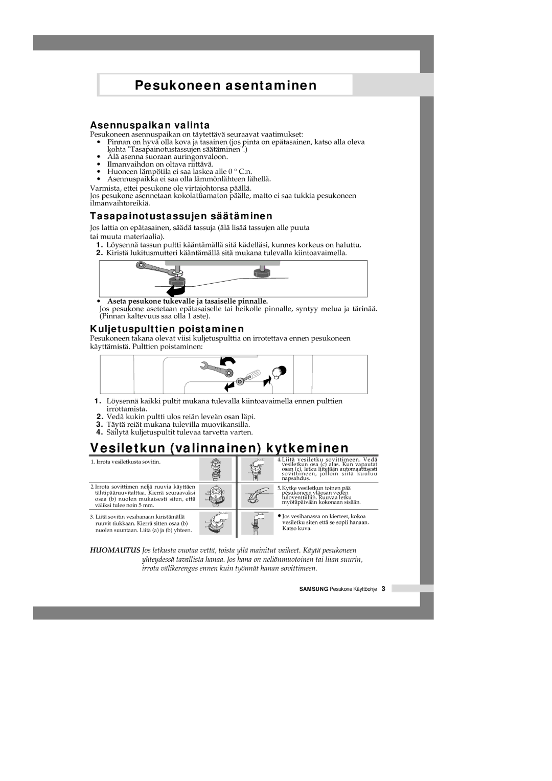 Samsung P1405JGW/XEE manual Vesiletkun valinnainen kytkeminen, Asennuspaikan valinta, Tasapainotustassujen säätäminen 